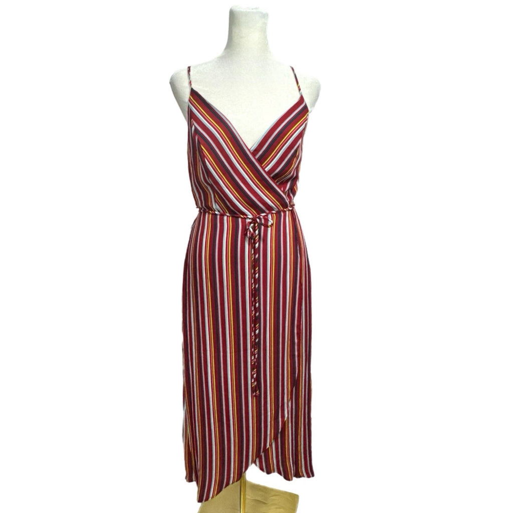 AQUA Women’s Resort Maxi Dress In Wine Stripe Sleeveless Wrap V Neck