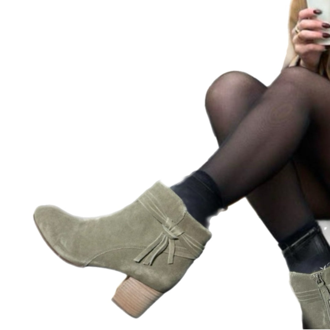 VIOLET & RED Jenna Genuine Leather Olive Green Suede Heeled Ankle Bootie