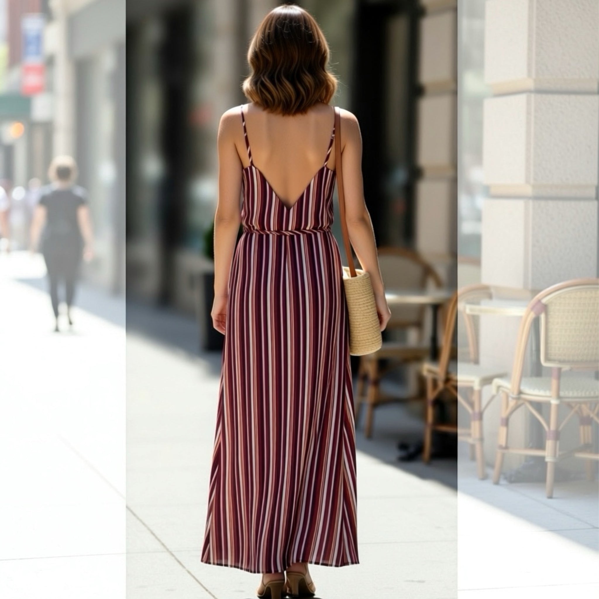 AQUA Women’s Resort Maxi Dress In Wine Stripe Sleeveless Wrap V Neck