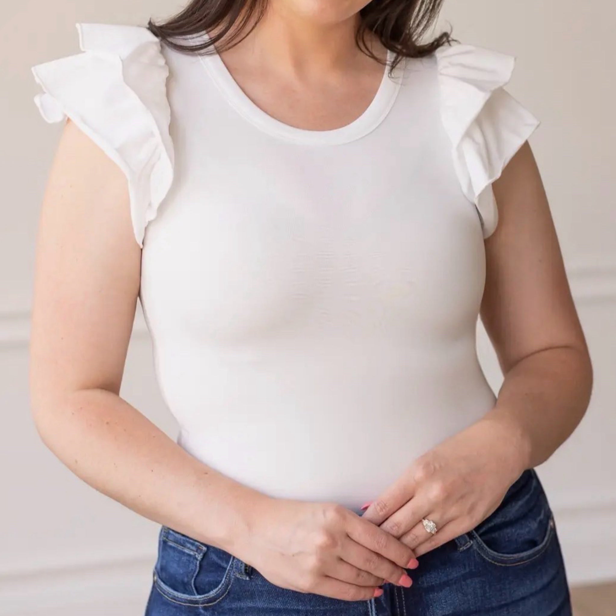 GRACE & EMMA Coquette Ruffle Sleeve Bodysuit Soft Knit in White