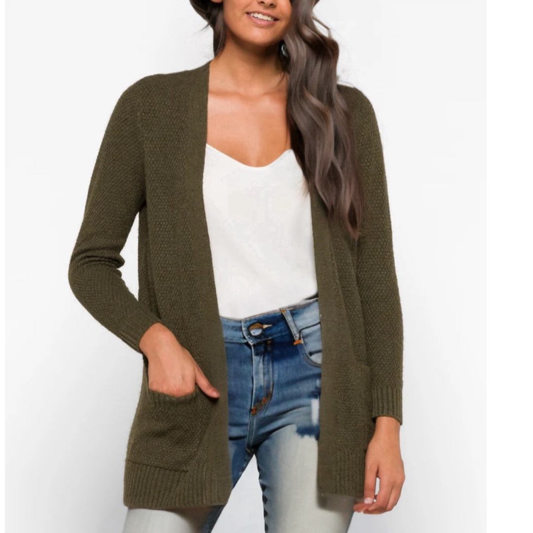 Pink Clover Open Cardigan Autumn Olive Green Knit Pocketed Sweater