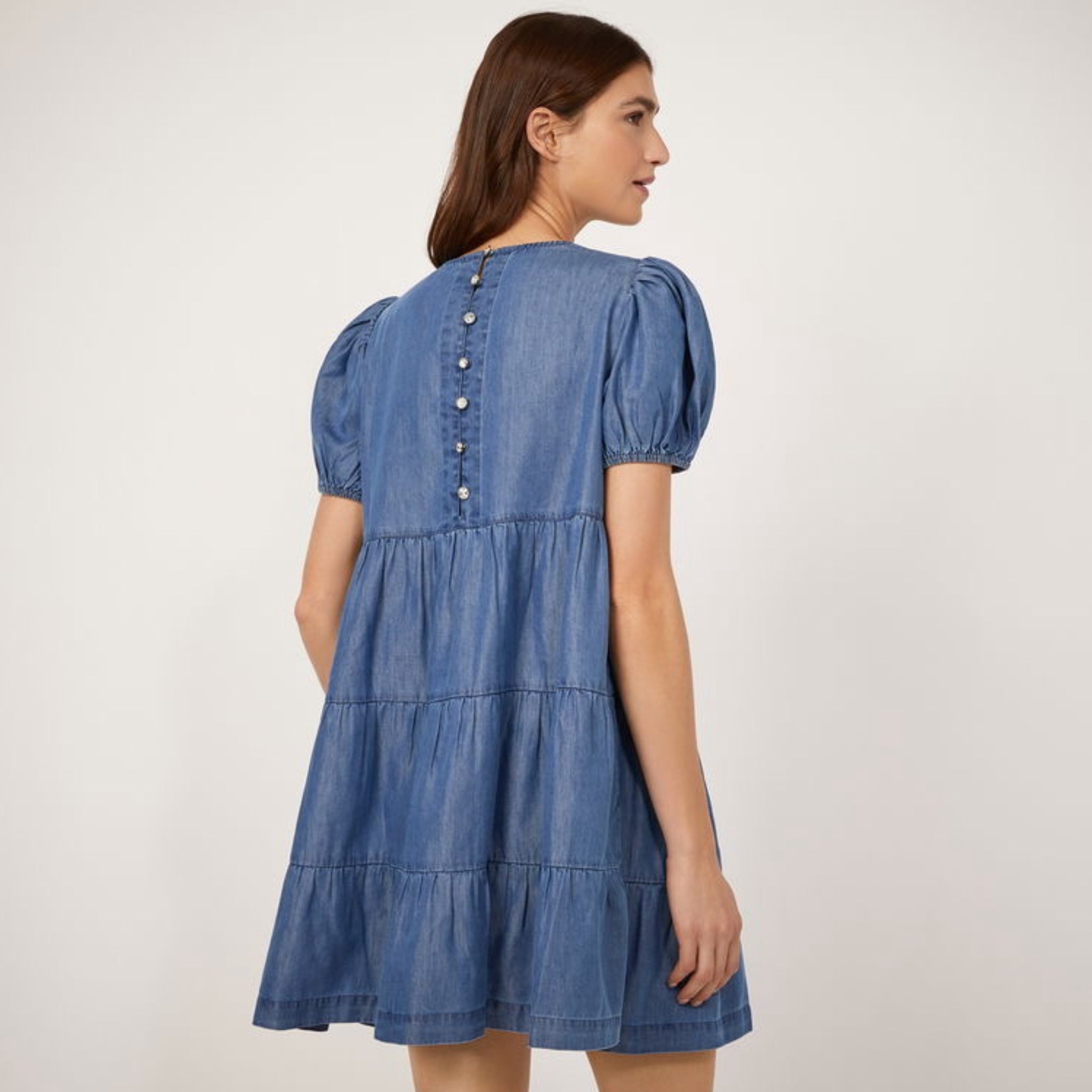 WAREHOUSE Puff Sleeve Denim Mini Dress CottageCore Tiered Babydoll Buttoned Back