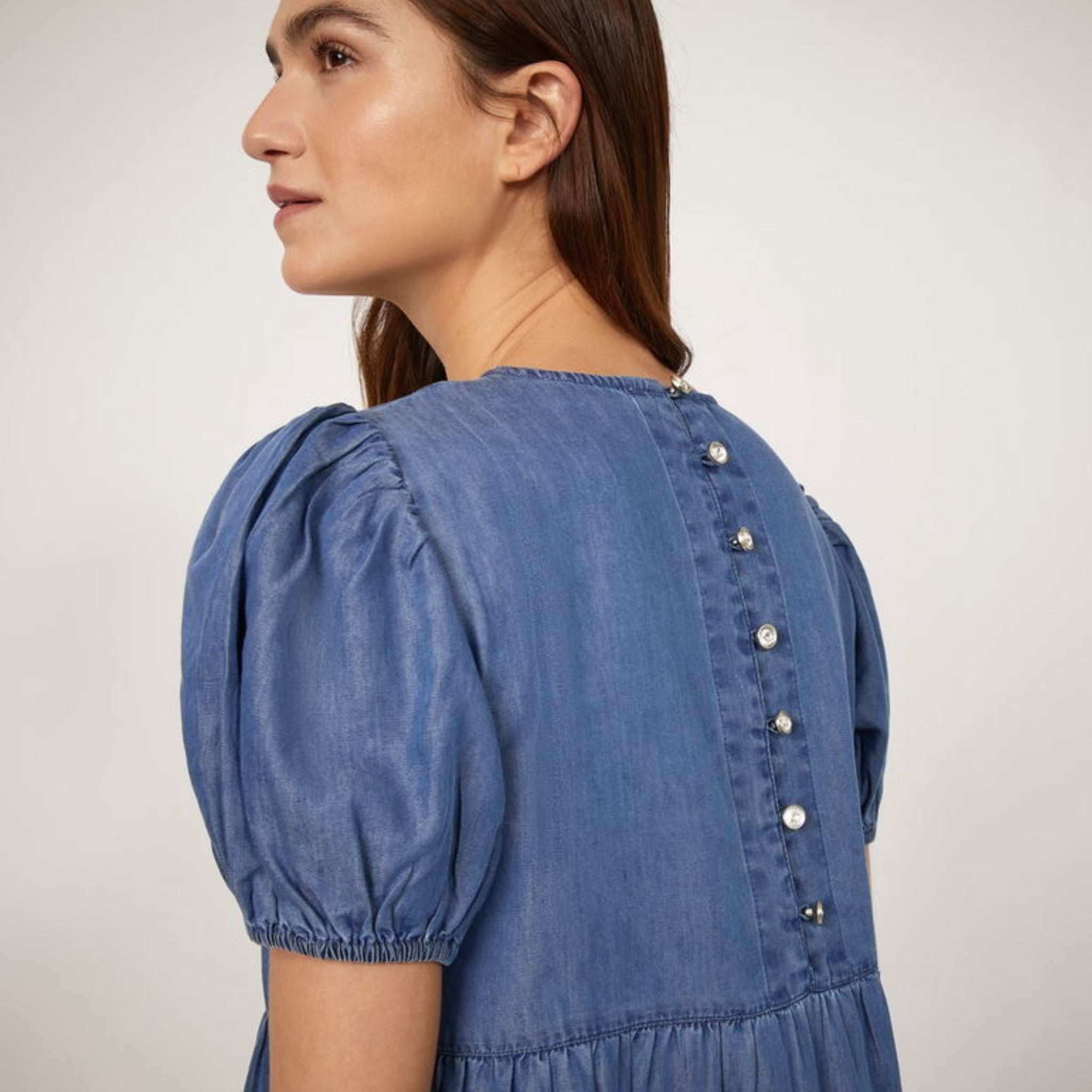 WAREHOUSE Puff Sleeve Denim Mini Dress CottageCore Tiered Babydoll Buttoned Back