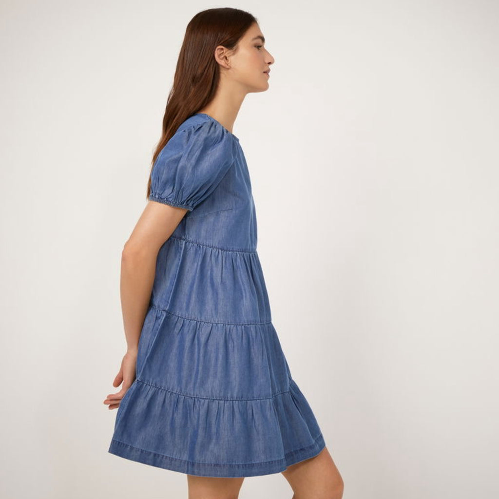 WAREHOUSE Puff Sleeve Denim Mini Dress CottageCore Tiered Babydoll Buttoned Back