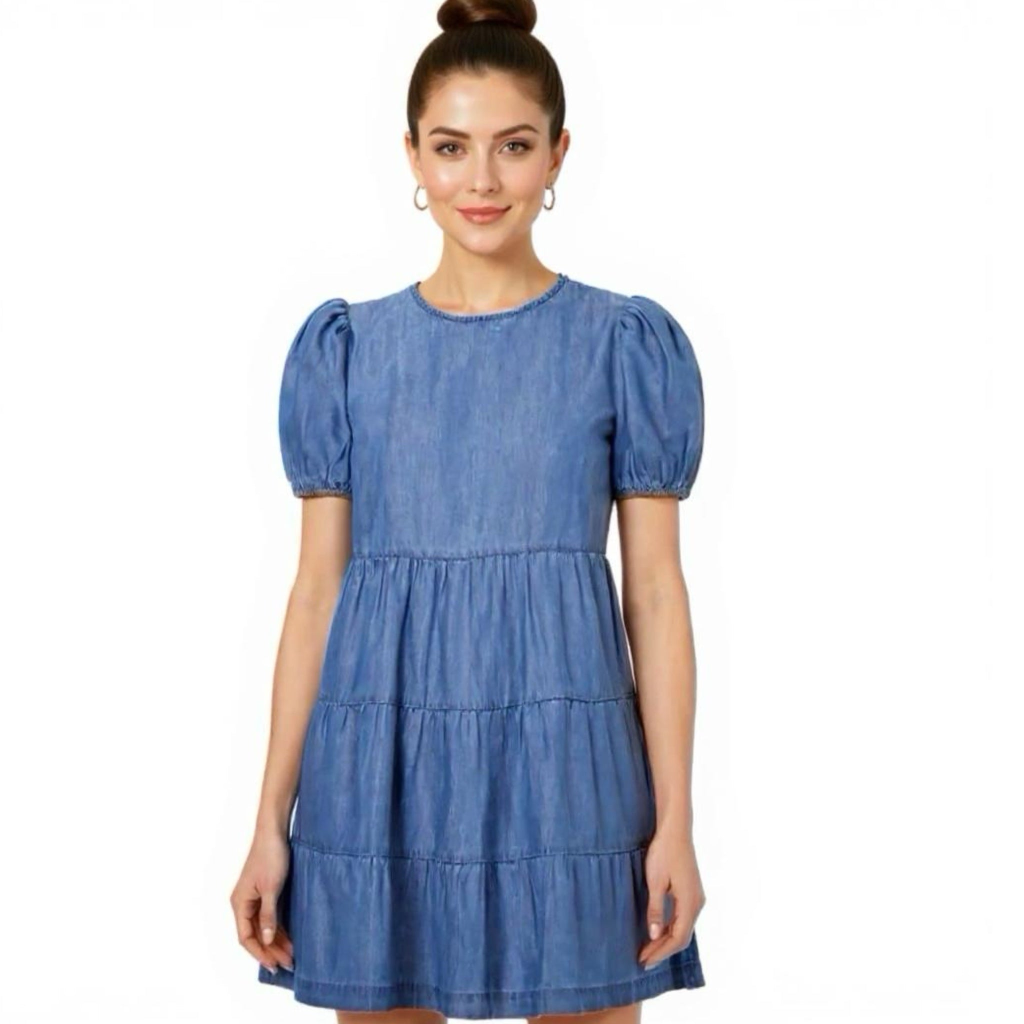 WAREHOUSE Puff Sleeve Denim Mini Dress CottageCore Tiered Babydoll Buttoned Back