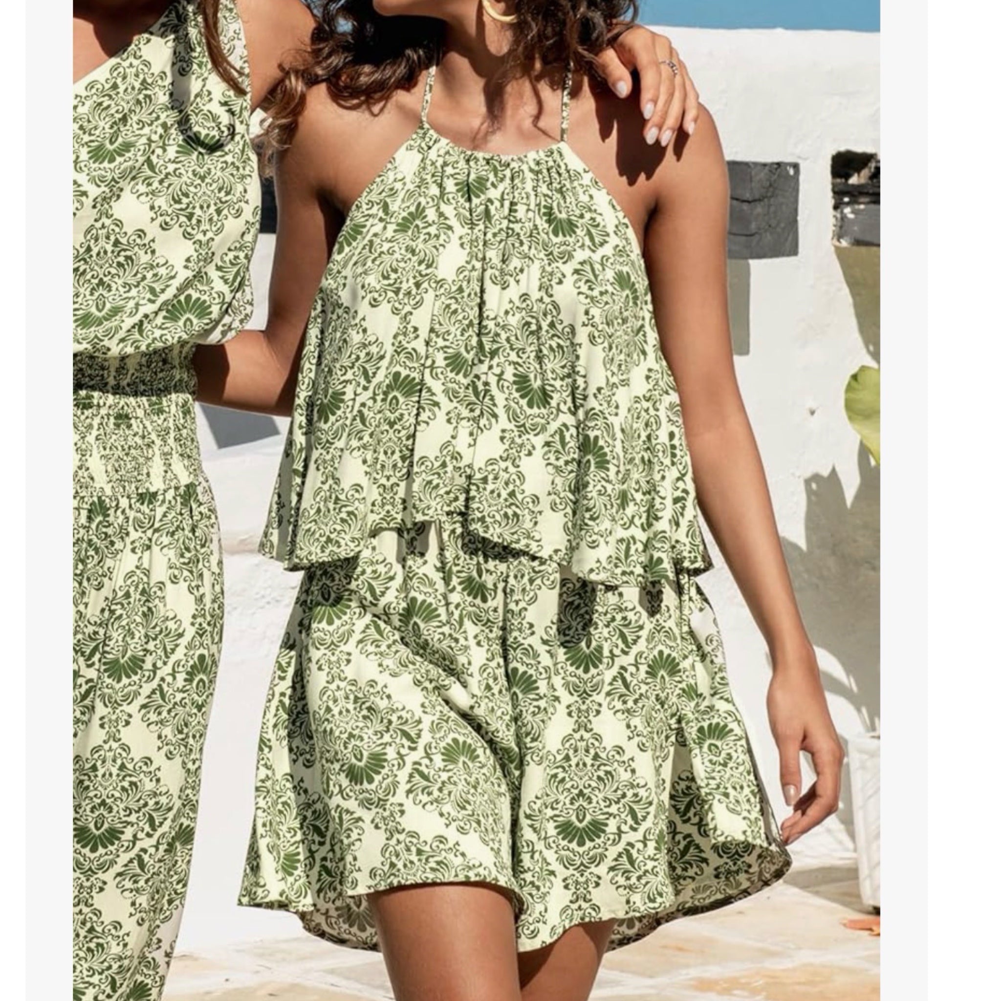 Mini Jumpsuit Floral Beach Halter Romper Flounce in Green