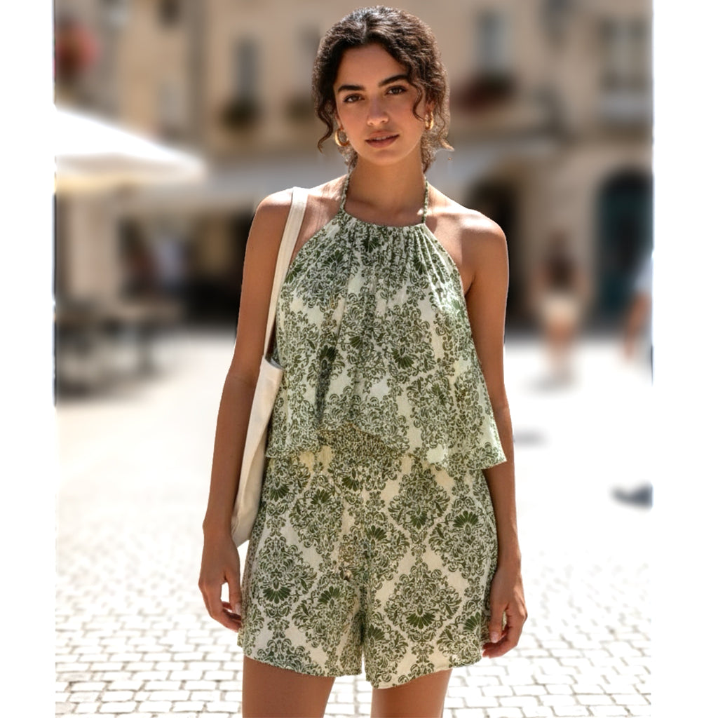 Mini Jumpsuit Floral Beach Halter Romper Flounce in Green