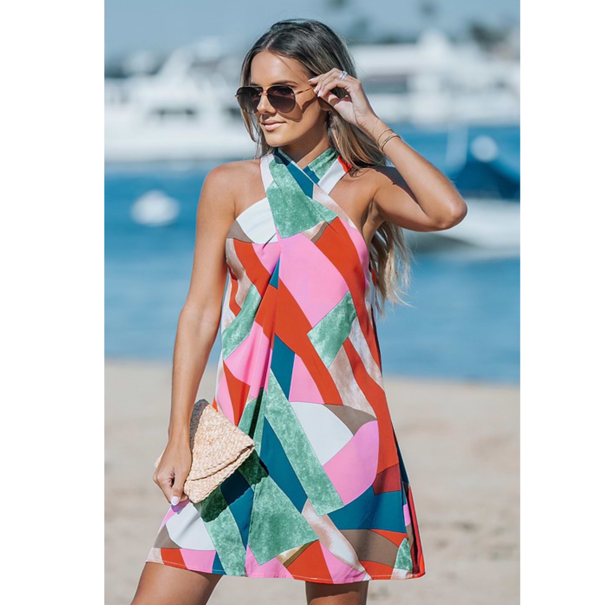 Retro Geometric Cross Over Neck Sleeveless Mini Dress