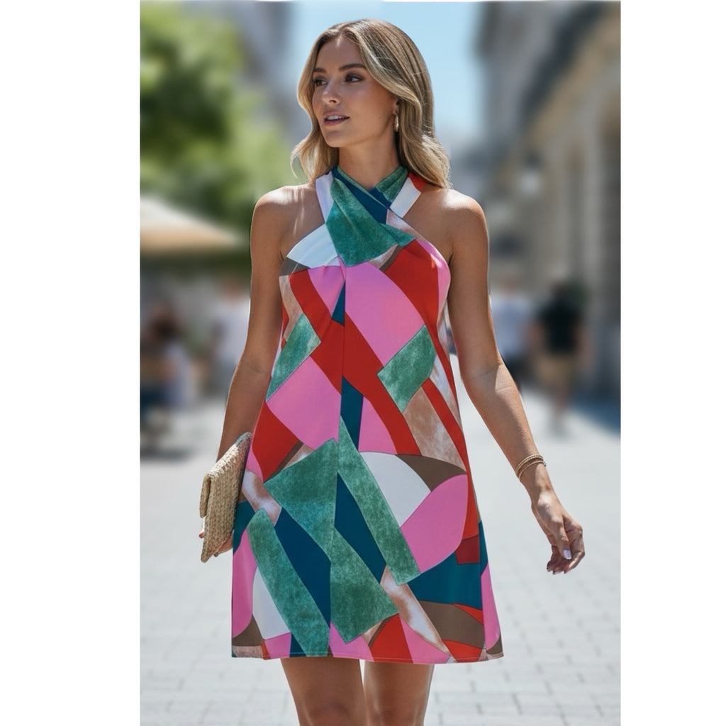 Retro Geometric Cross Over Neck Sleeveless Mini Dress