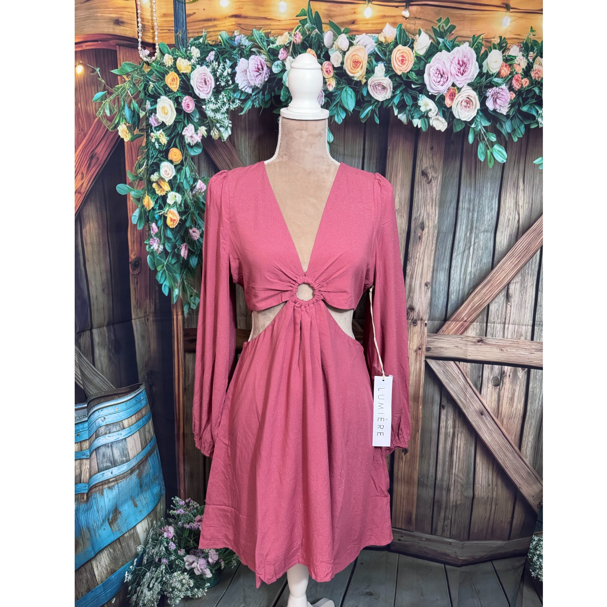 LUMIERE Ring Accent Cut-Out Mini Dress in Rose Sparkle