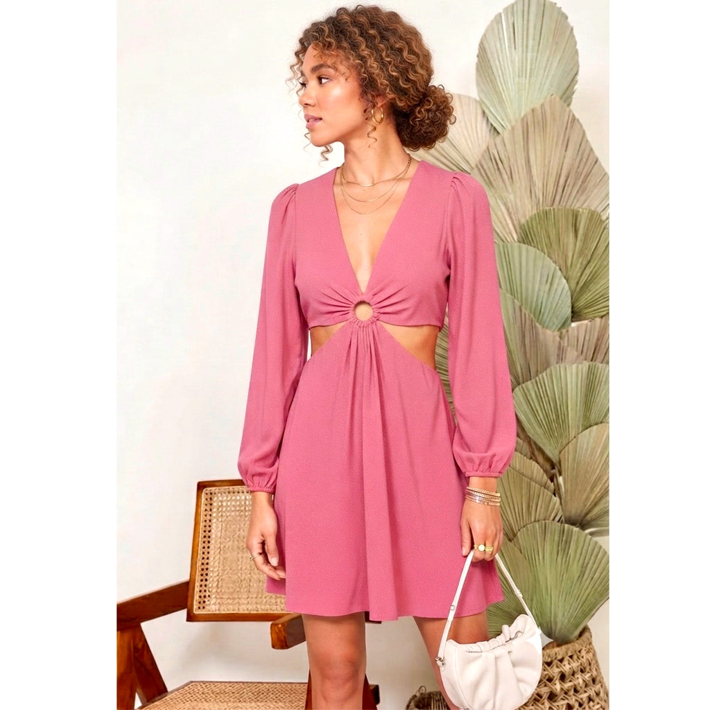 LUMIERE Ring Accent Cut-Out Mini Dress in Rose Sparkle