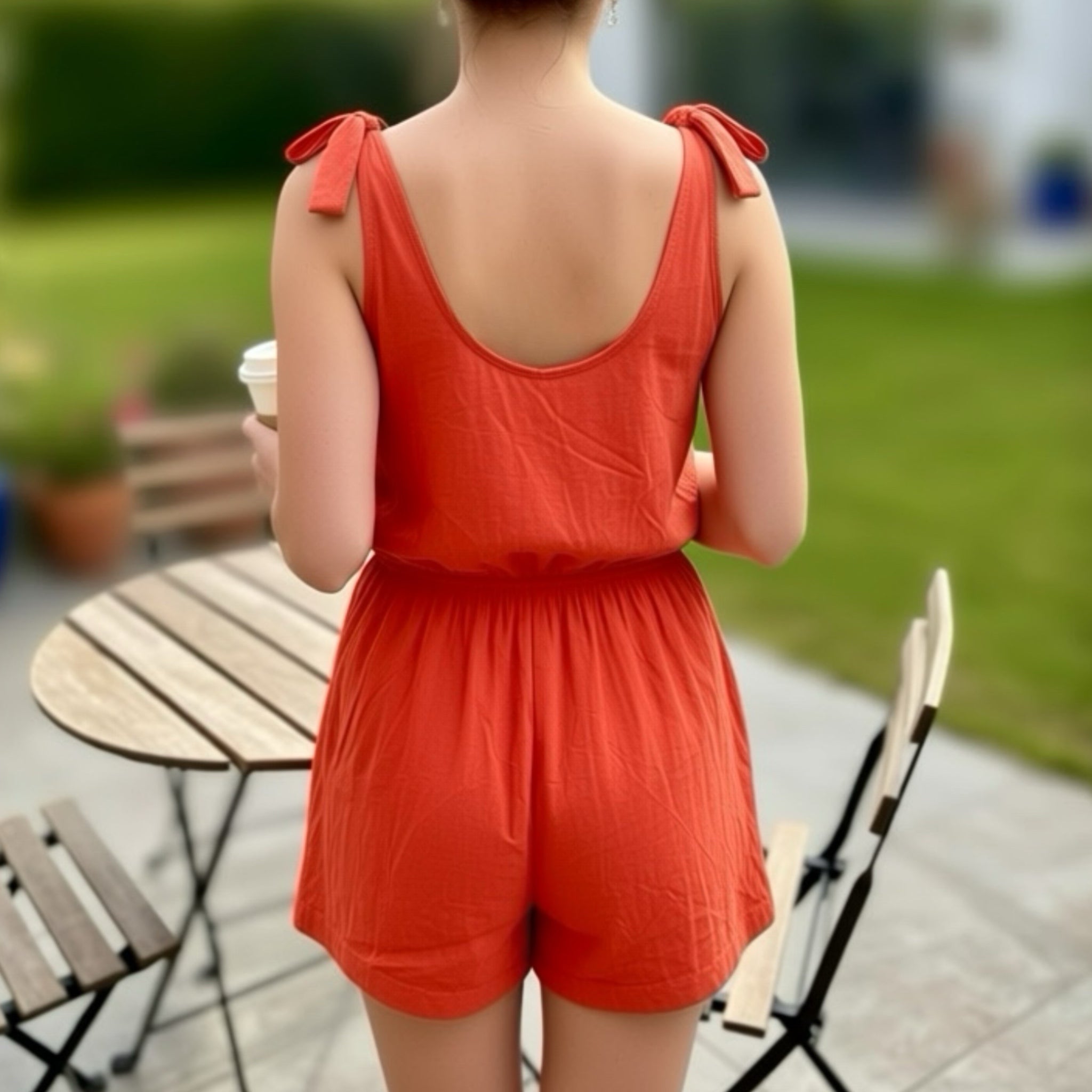 Cotton Shoulder Tie Romper Button Accents in Boho Orange
