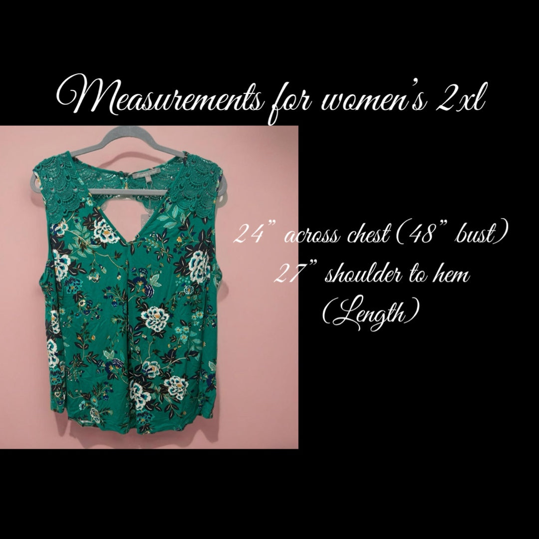 Daniel Rainn Tropical Green Floral Sleeveless Blouse Crochet Lace
