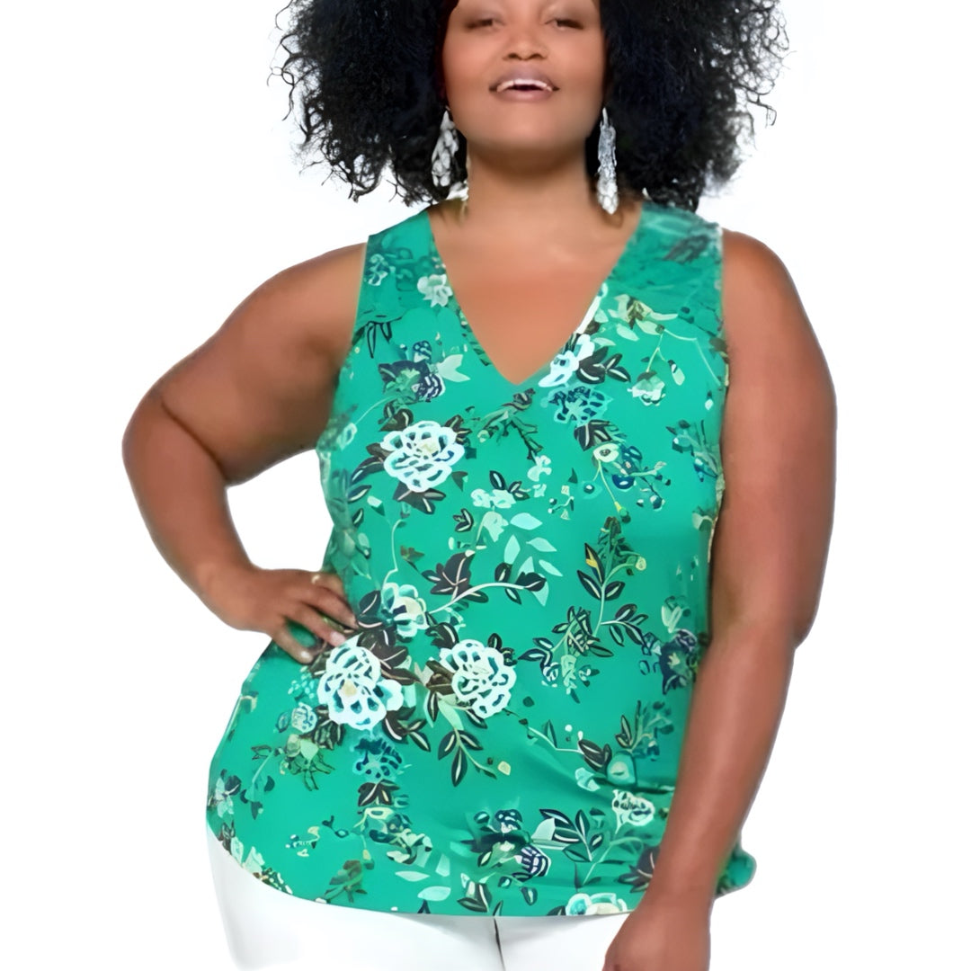 Daniel Rainn Tropical Green Floral Sleeveless Blouse Crochet Lace