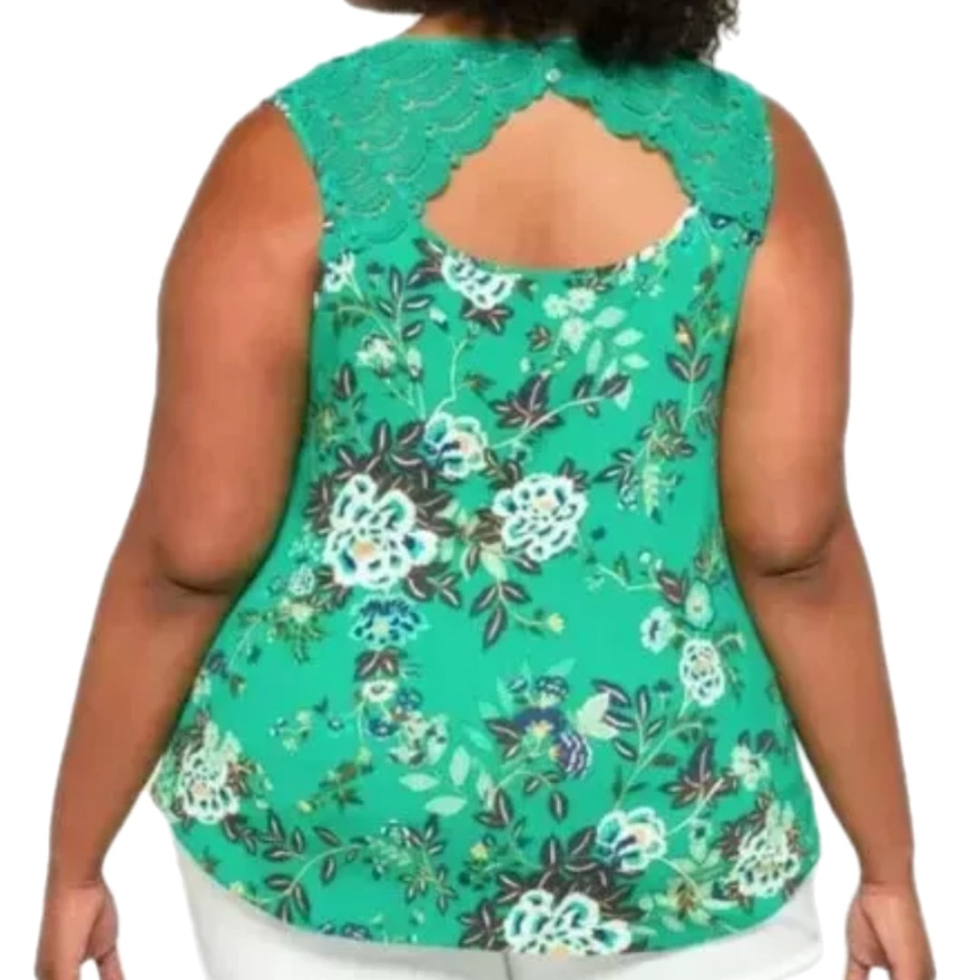 Daniel Rainn Tropical Green Floral Sleeveless Blouse Crochet Lace