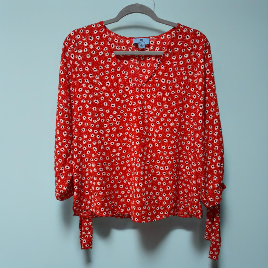 CeCe Daisy Floral Red Blouse 3/4 Sleeve Tie Cuff V Neck Top