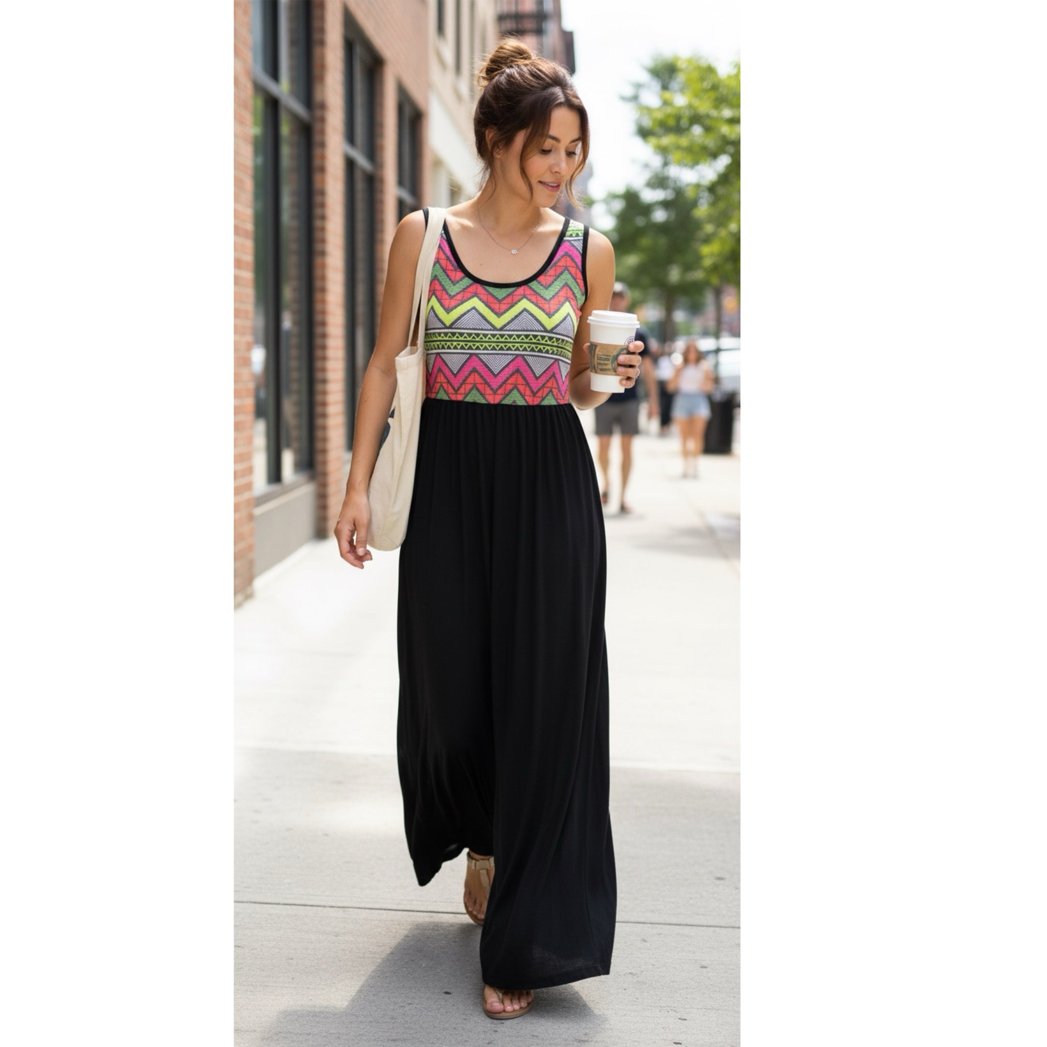 42POPS Boho Geometric Maxi Sleeveless Tank Dress Zip Zag Knit USA Made