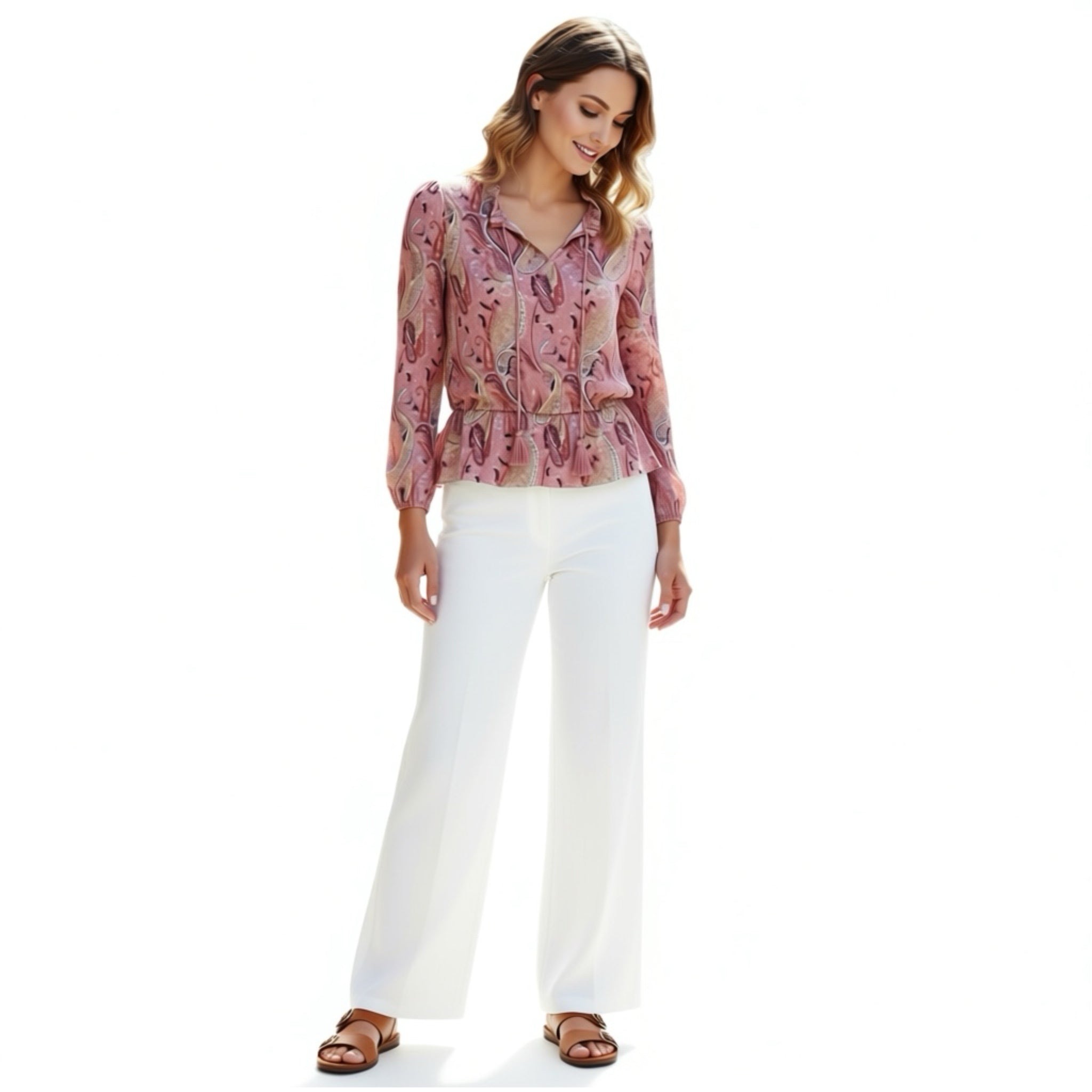 Les Serein Stitch Fix Pink Paisley Boutique Top Ruffle Blouse Split Neck