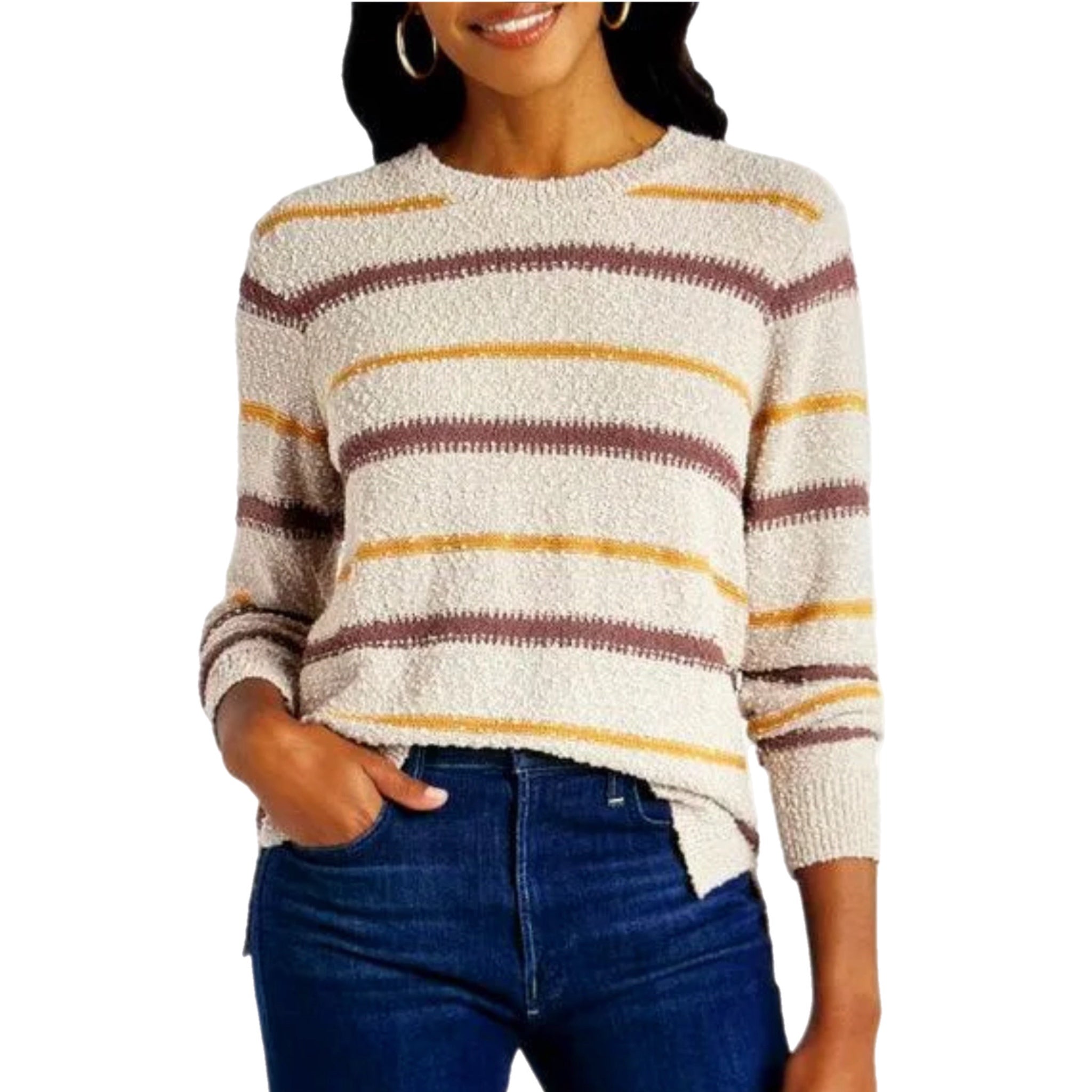 Mason & Belle Textured Stripe Side Slit Oversized Sweater in Beige