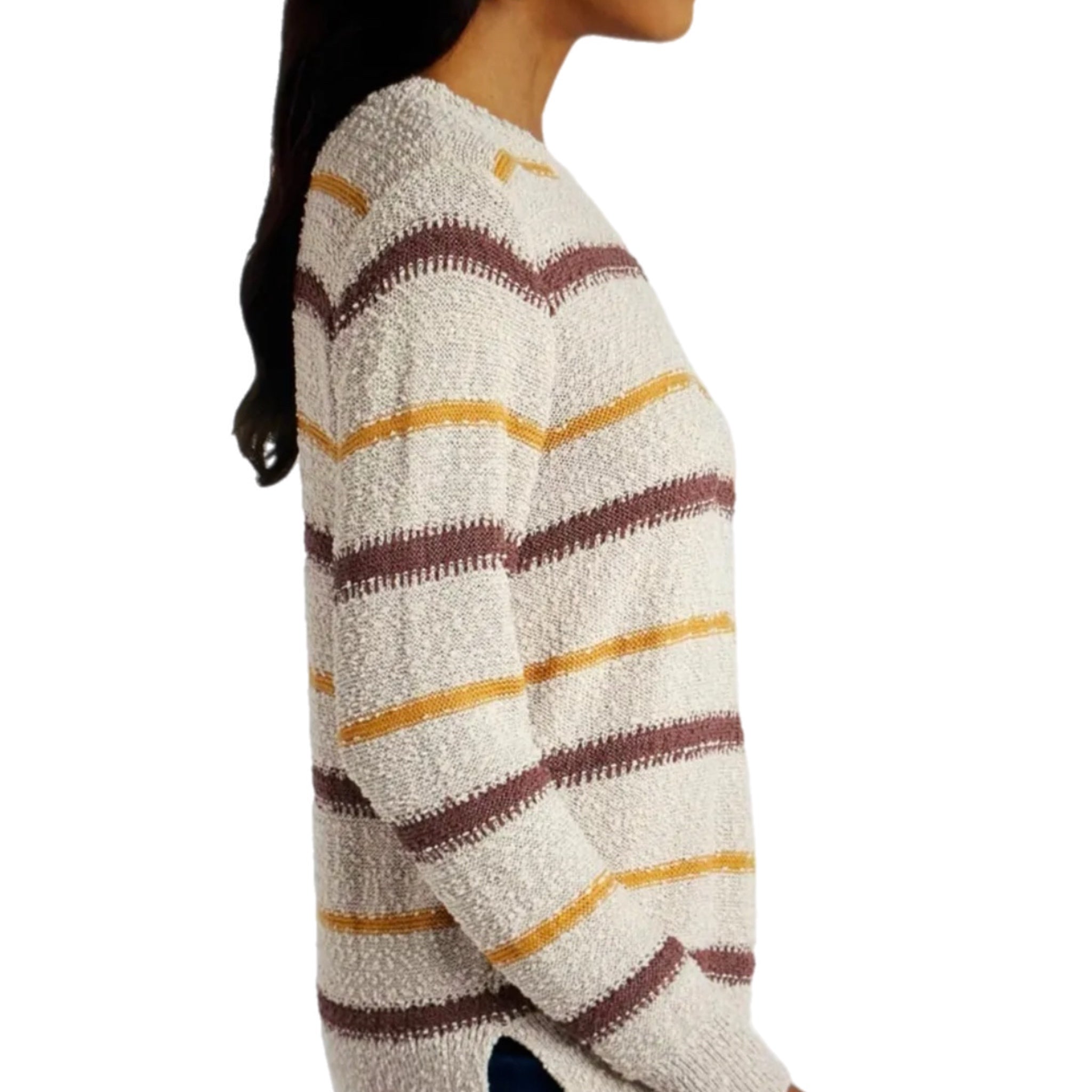 Mason & Belle Textured Stripe Side Slit Oversized Sweater in Beige