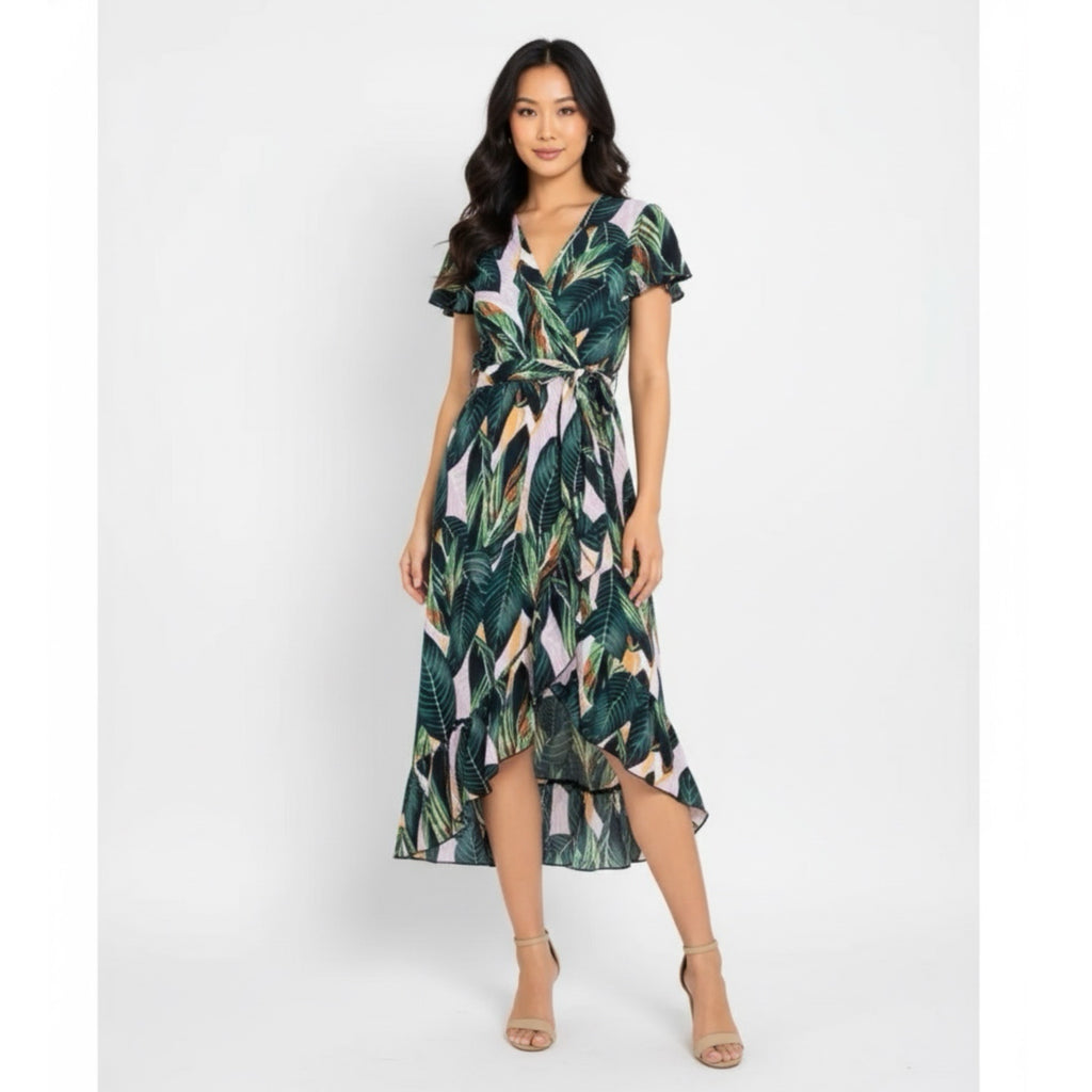 LA SOUL Tropical Leaf Print Faux Wrap Dress Midi Short Sleeve Tie Belt