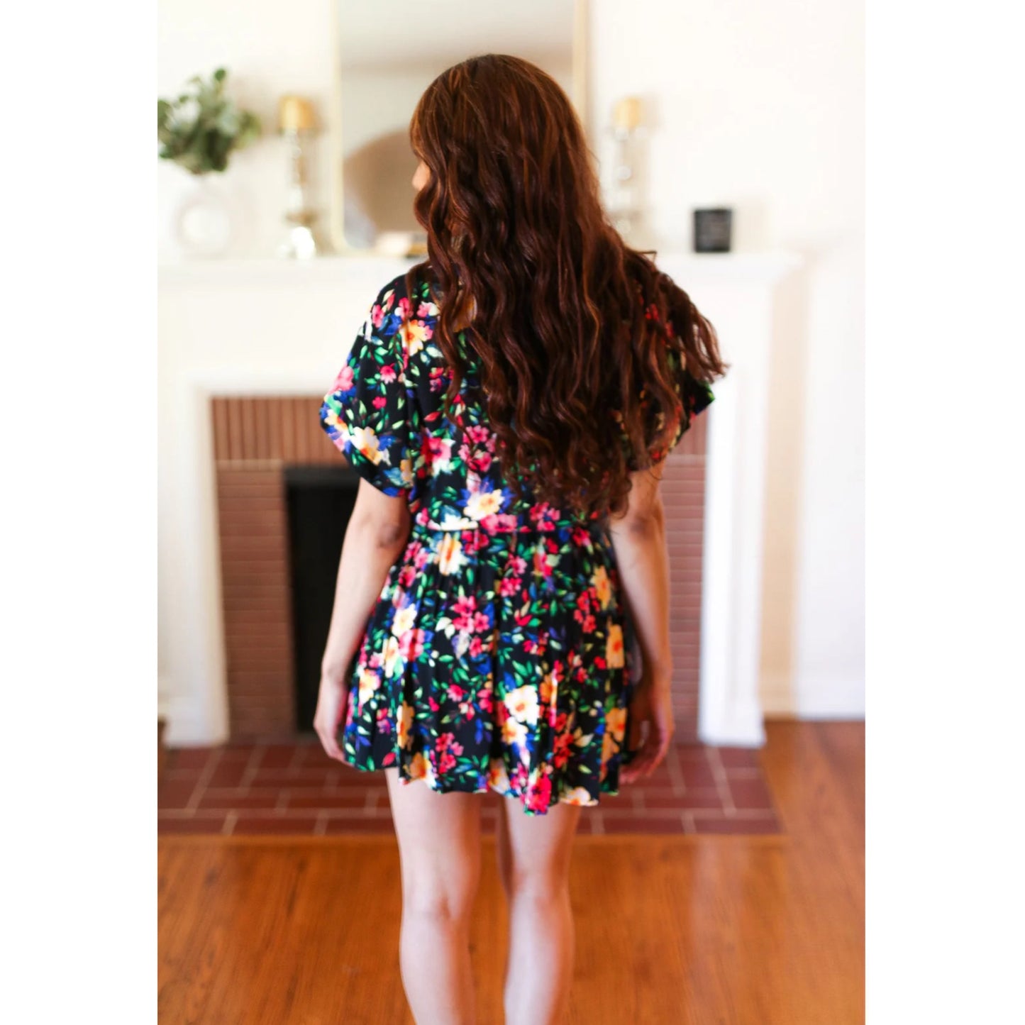 HAPTICS Summer Floral Surplice Short Sleeve Pocketed Romper