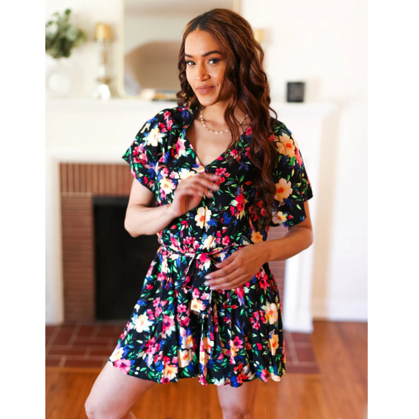 HAPTICS Summer Floral Surplice Short Sleeve Pocketed Romper