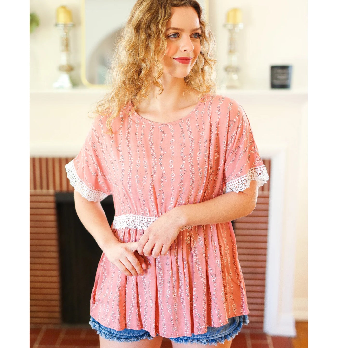 HAPTICS Pink Coral Floral Cottage Crochet Short Sleeve Blouse Top