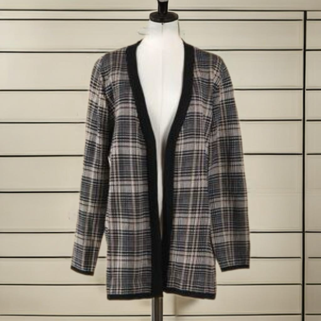 LETY & ME Preppy Plaid Open Plaid Cardigan Heavy Knit Sweater