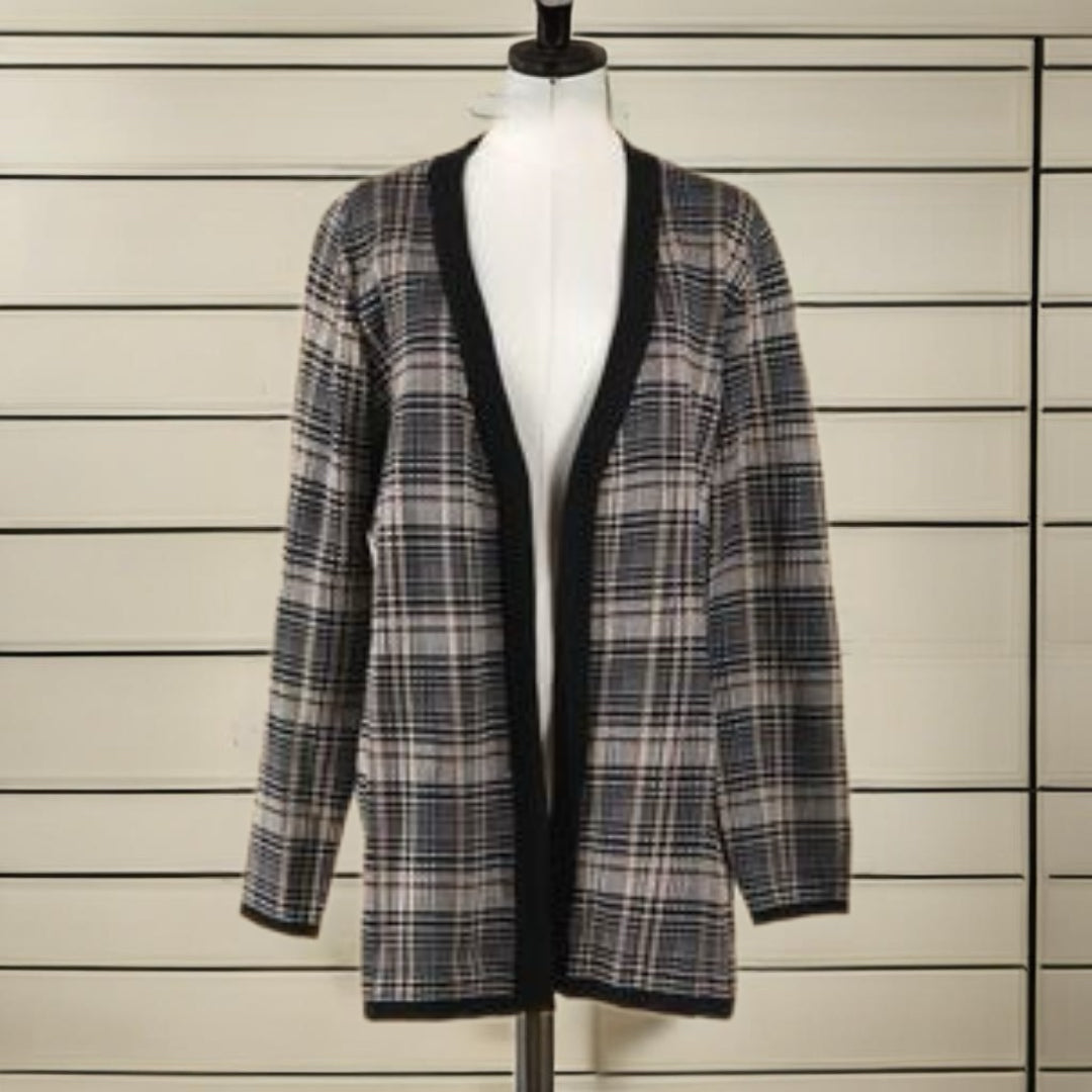 LETY & ME Preppy Plaid Open Plaid Cardigan Heavy Knit Sweater