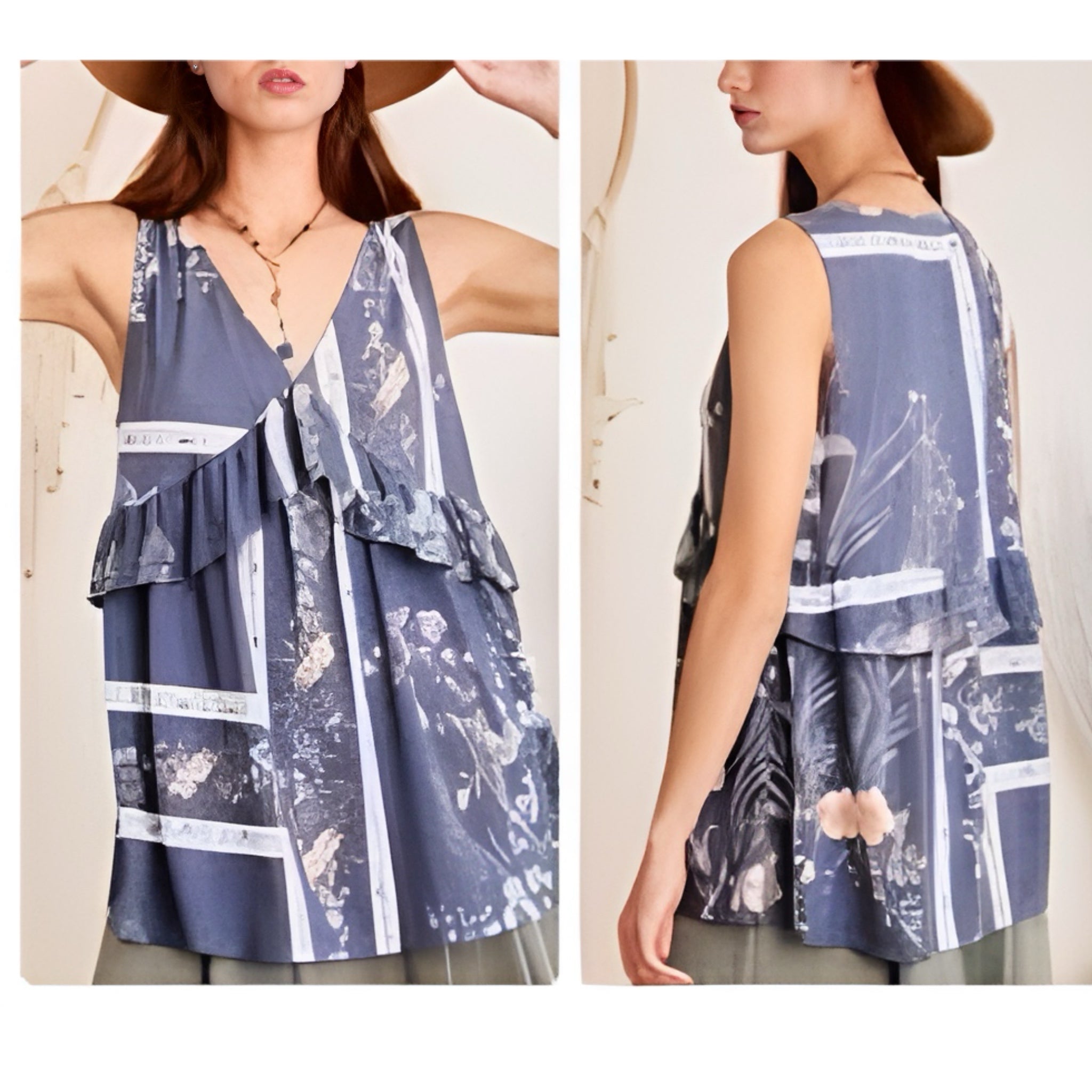 CES FEMME Sleeveless Boho Blouse Gray Floral Knit Shirt Ruffle Accent