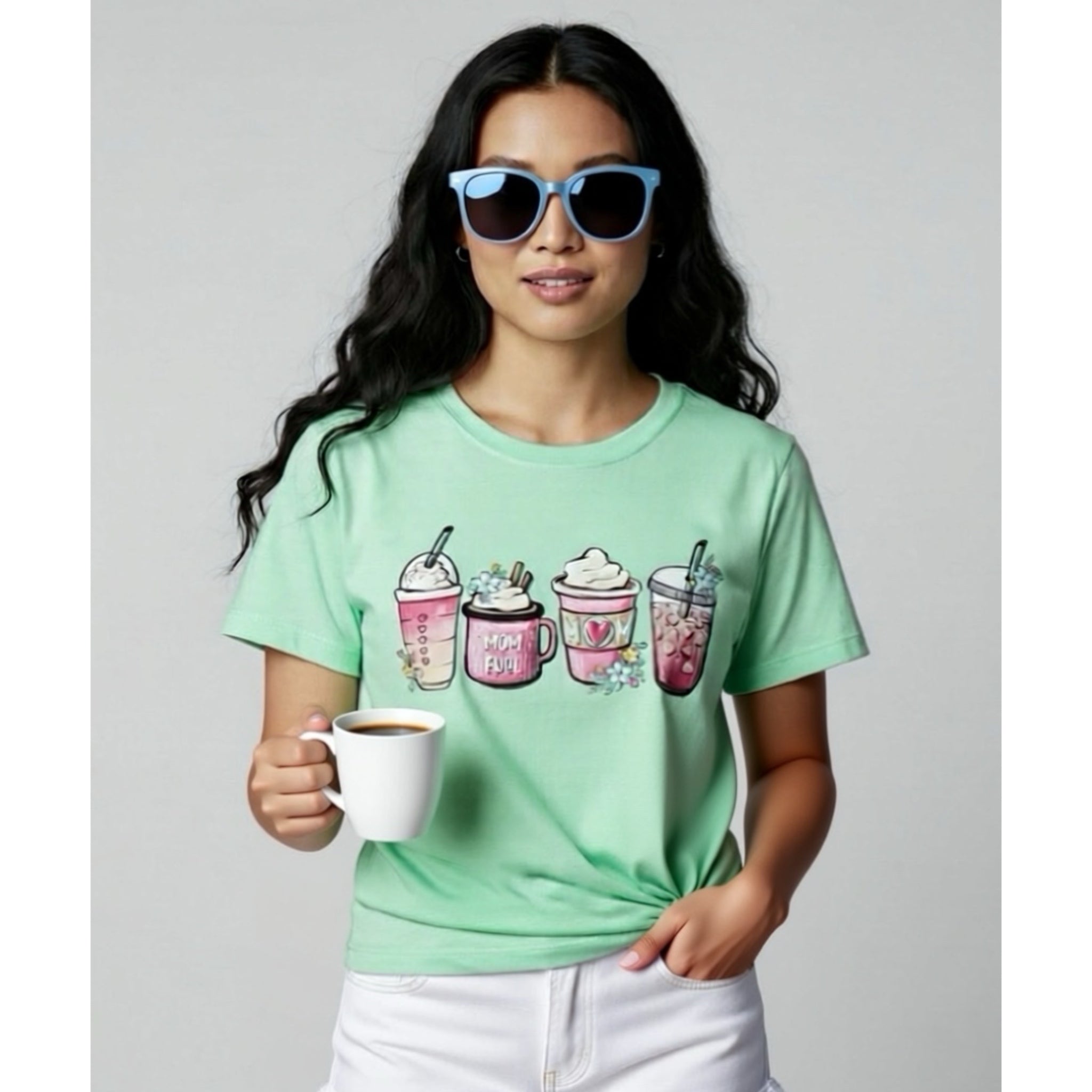 MOM FUEL COFFEE LATTE Graphic T Shirt Fitted Tee Mint Green M/L