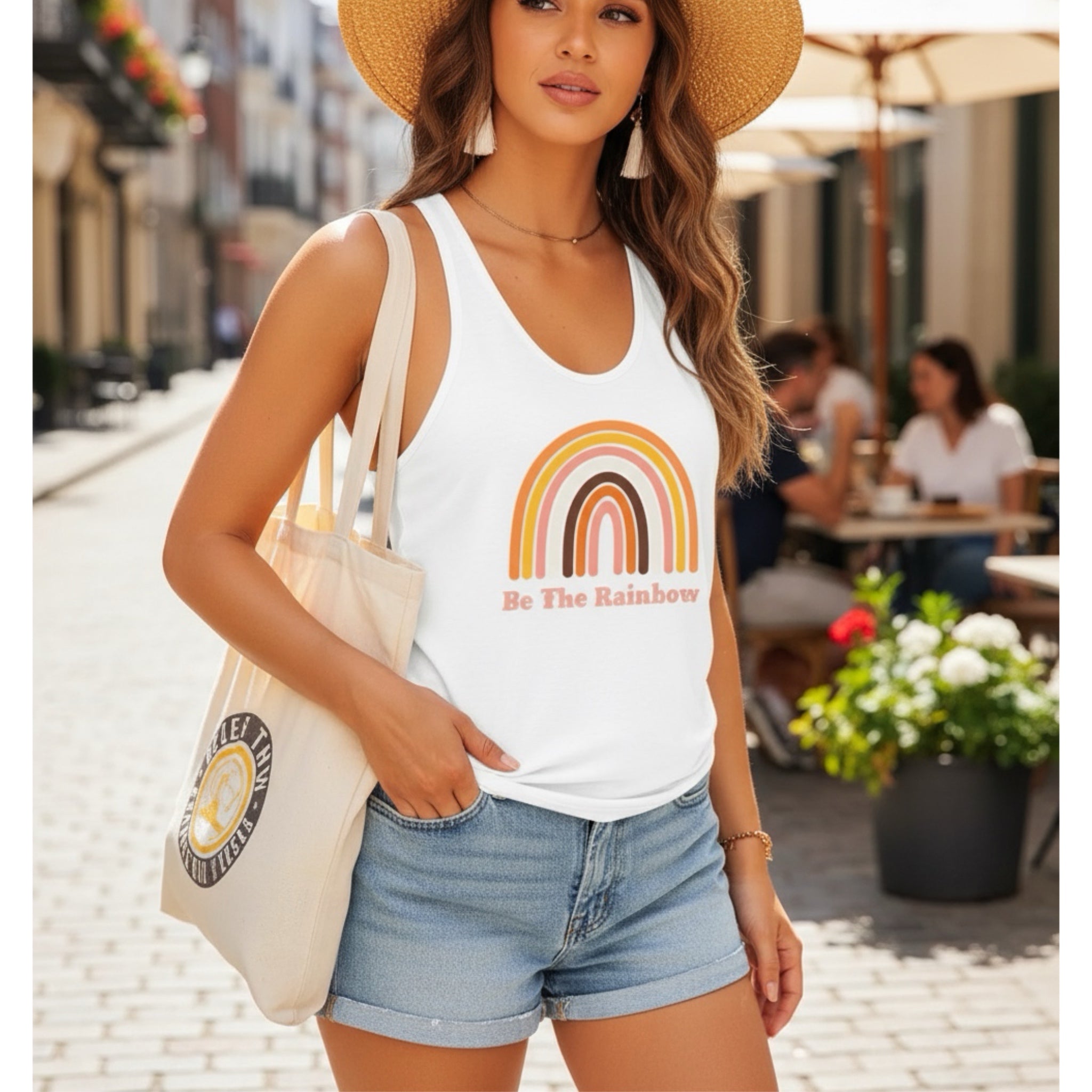 Be The Rainbow White Tank Top Boho Graphic Racer Back