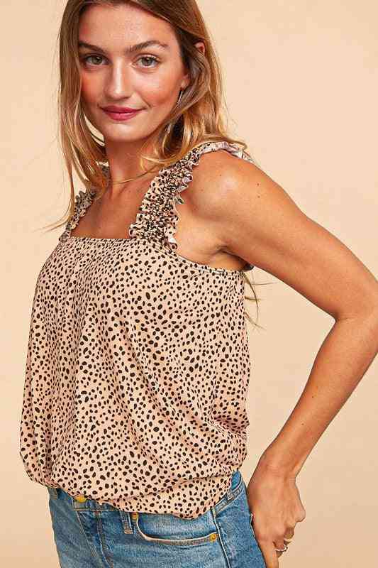 HAPTICS Frilly Shoulder Beige Dot Tank Top Sleeveless Blouse