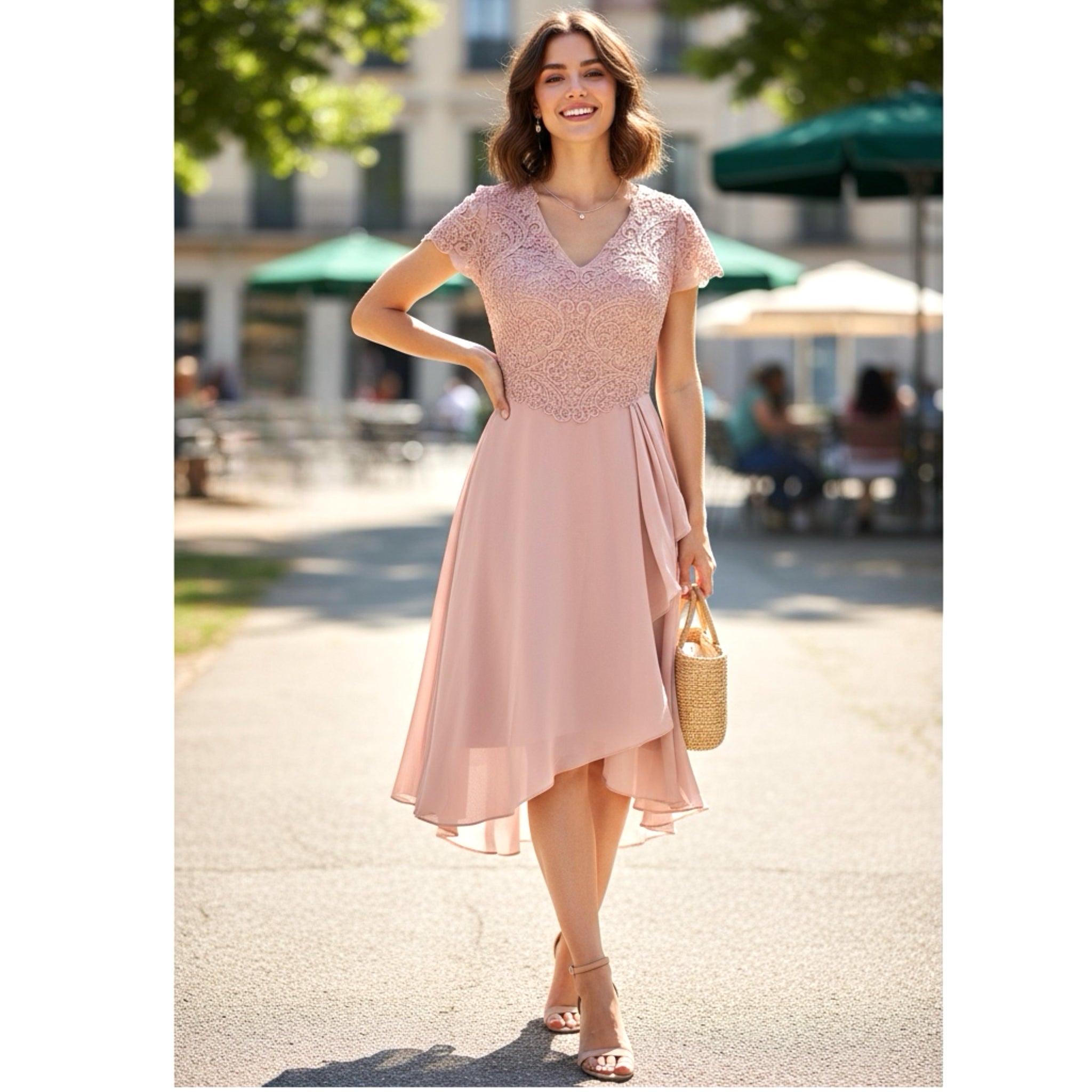 EAST COAST BELLA Mother Of The Bride Dress Chiffon Lace Pink Midi V Neck