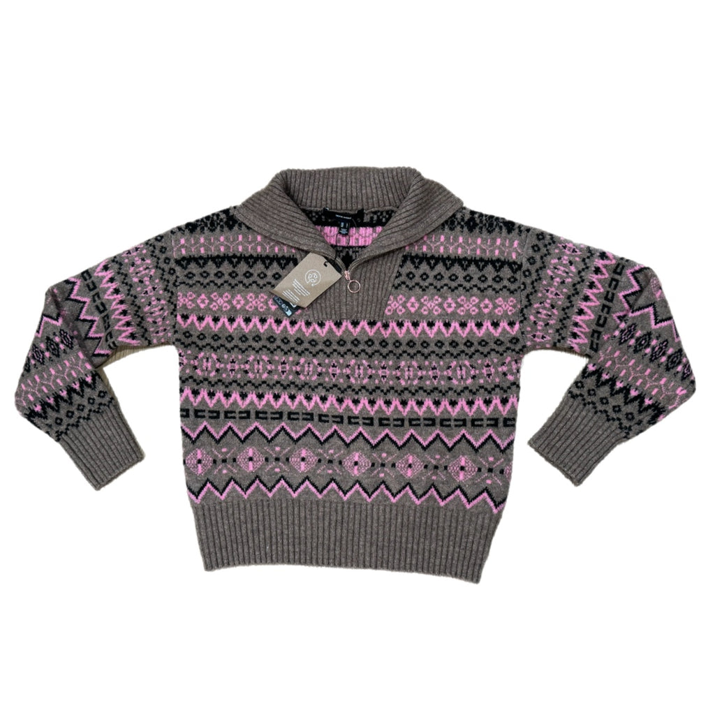 VERO MODA Fair Isle Sweater 1/4 Zip Trendy Fit Beige Pink Wool Blend