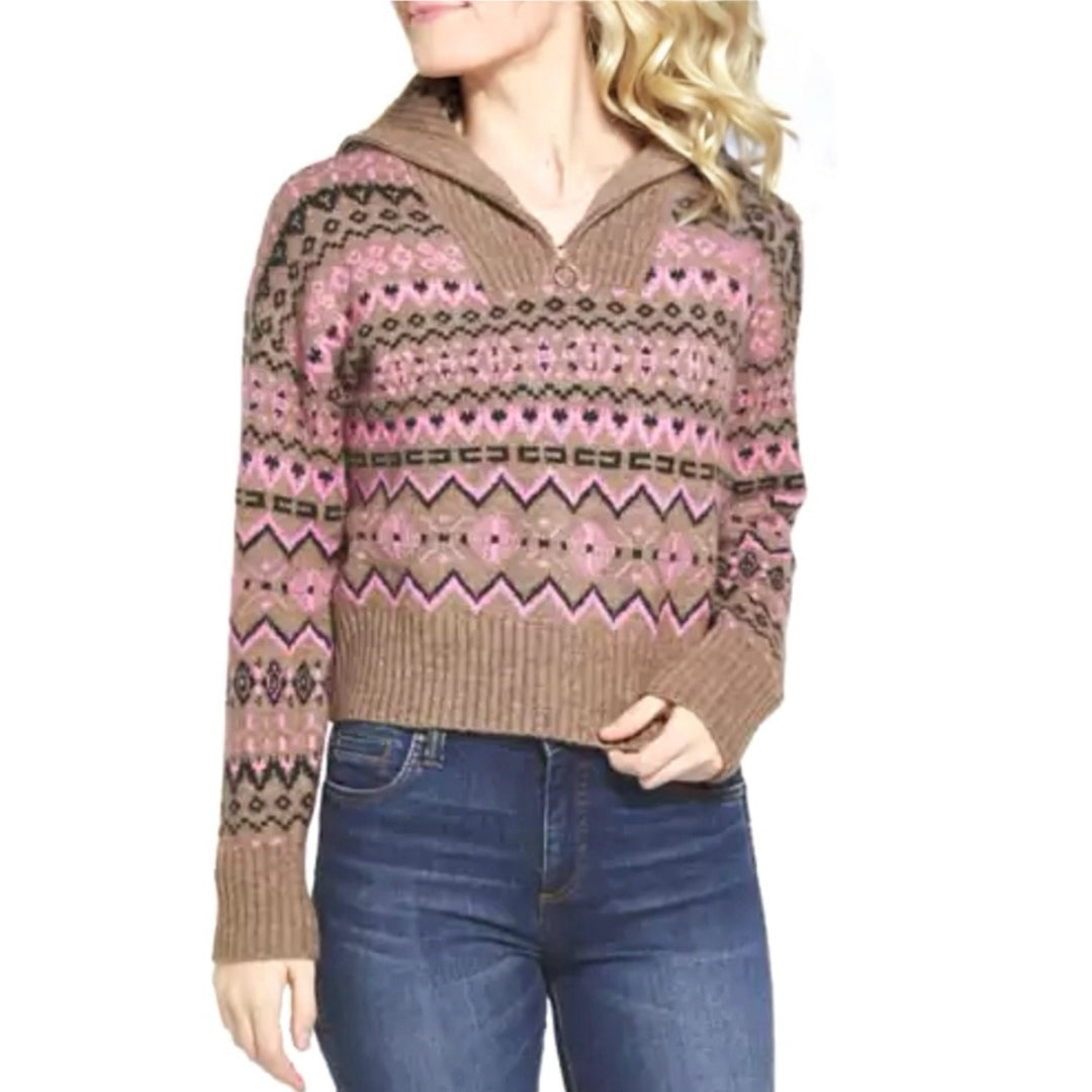 VERO MODA Fair Isle Sweater 1/4 Zip Trendy Fit Beige Pink Wool Blend