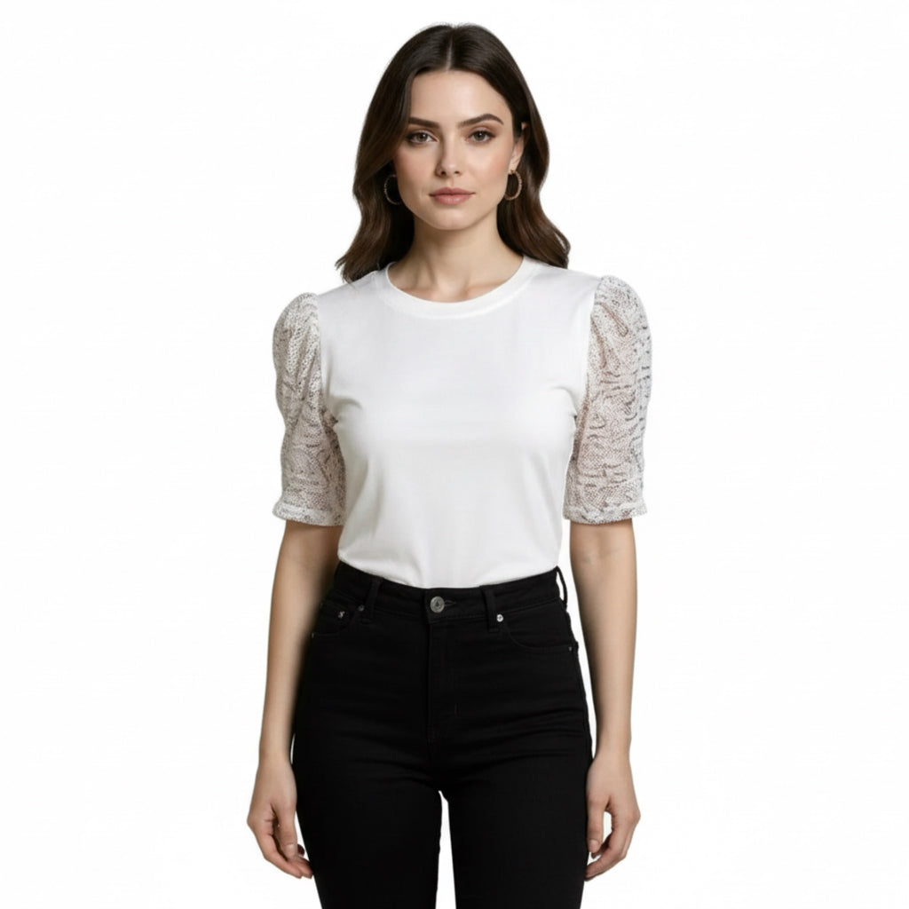 DKNY White Blouse Mesh Sequin Half Sleeve Crew Neck
