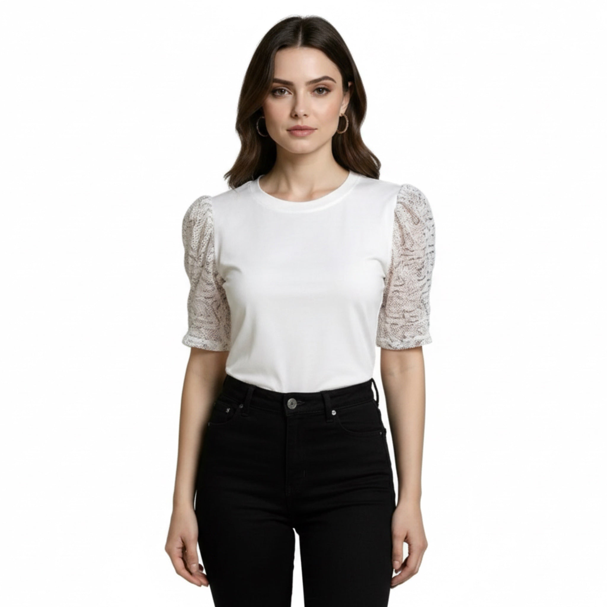 DKNY White Blouse Mesh Sequin Half Sleeve Crew Neck