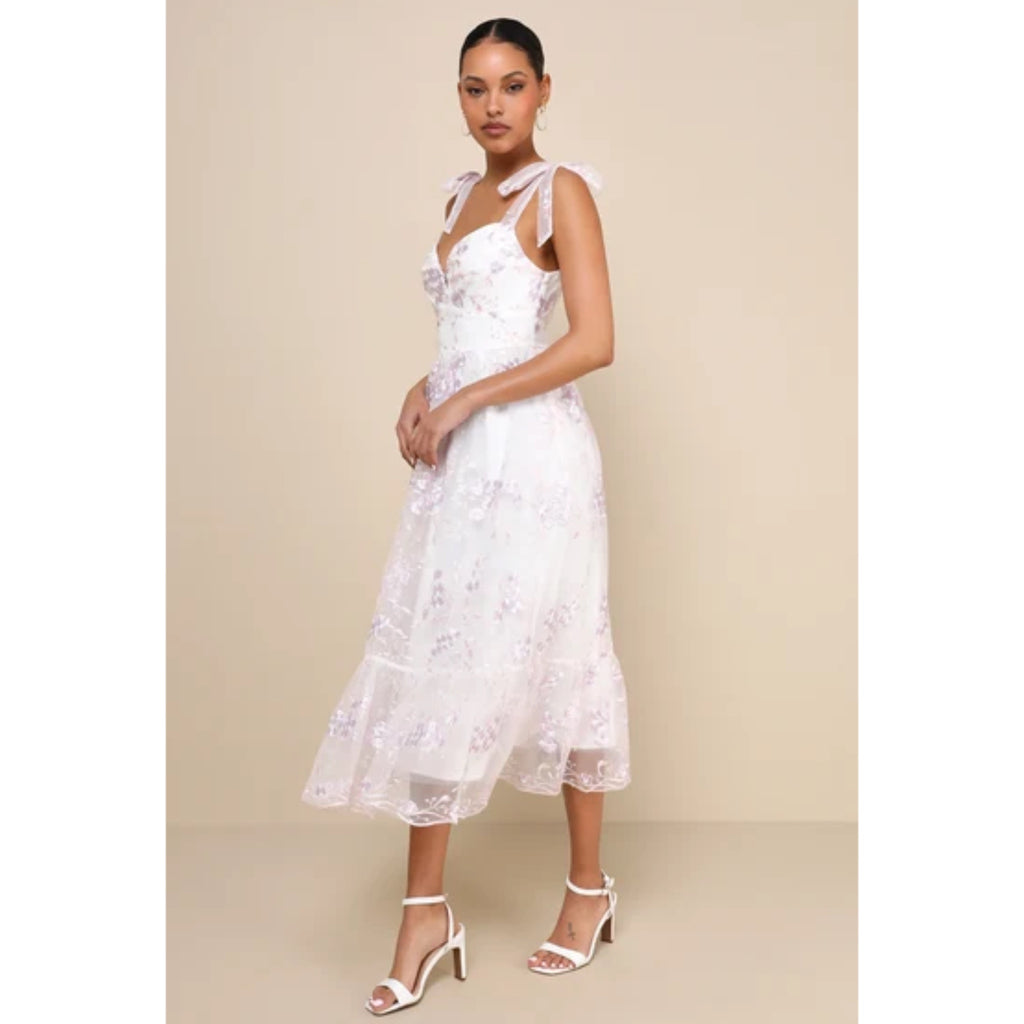 Lulus Romantic Embroidered Tulle Midi Dress White Lilac Pink Floral