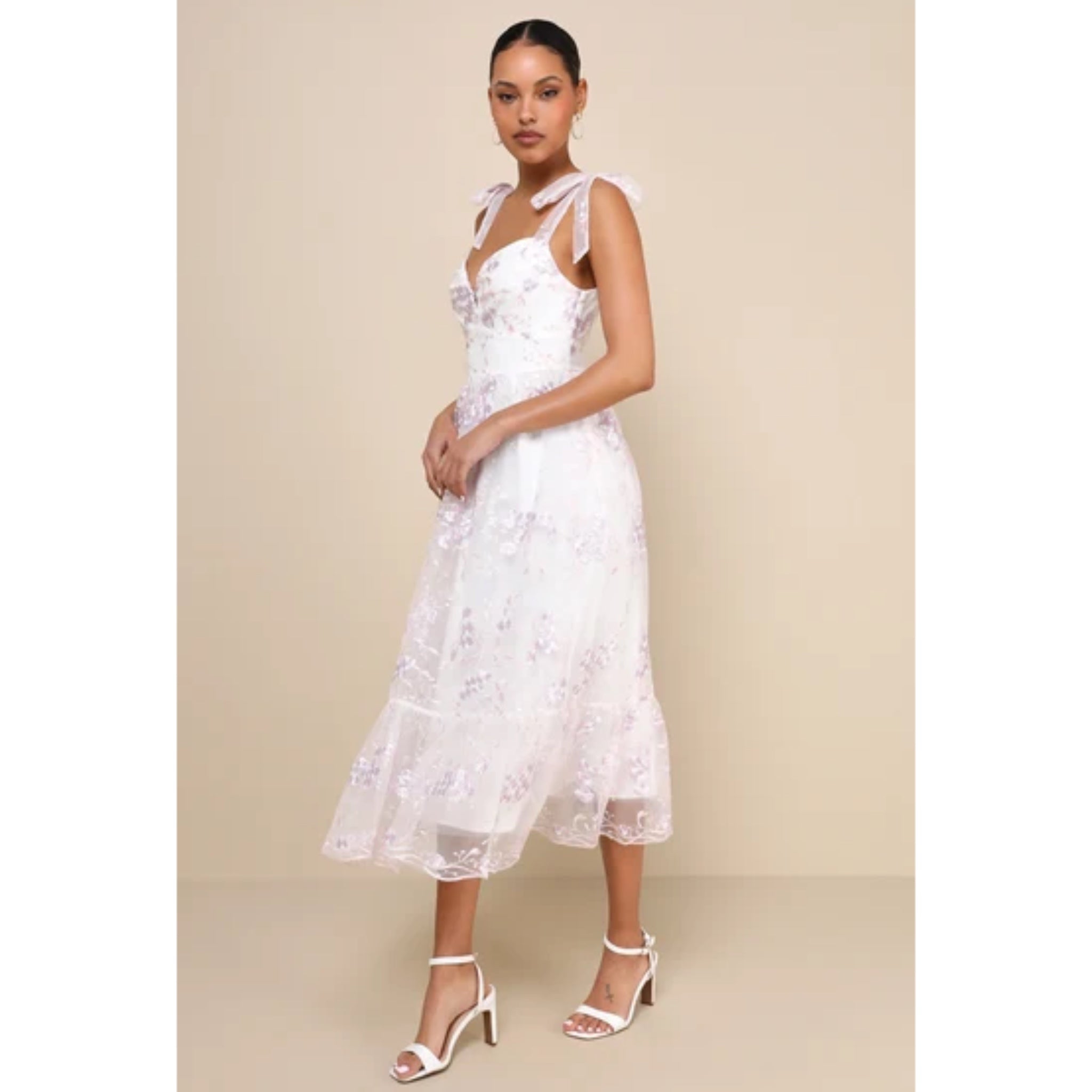 Lulus Romantic Embroidered Tulle Midi Dress White Lilac Pink Floral