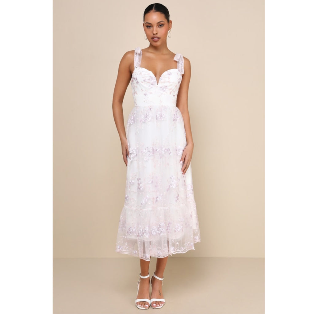 Lulus Romantic Embroidered Tulle Midi Dress White Lilac Pink Floral