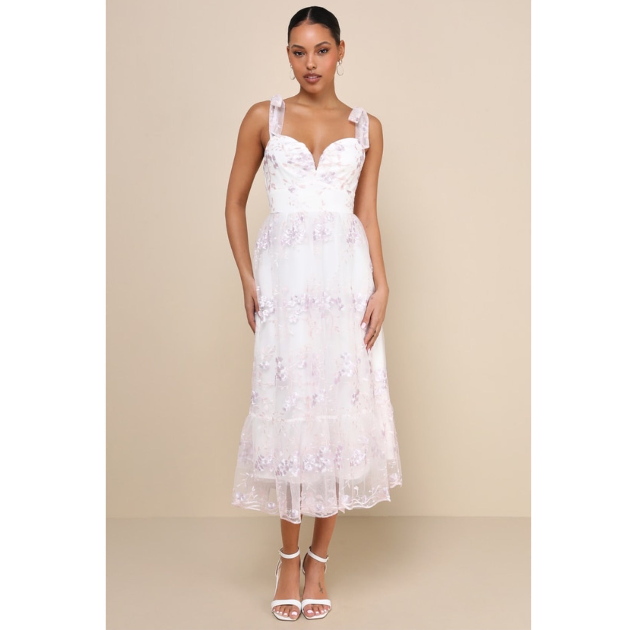 Lulus Romantic Embroidered Tulle Midi Dress White Lilac Pink Floral