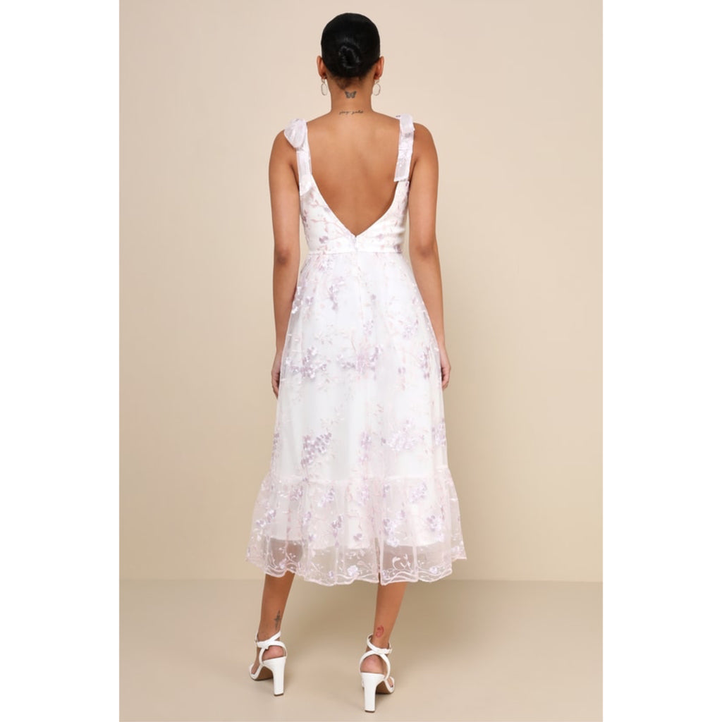 Lulus Romantic Embroidered Tulle Midi Dress White Lilac Pink Floral