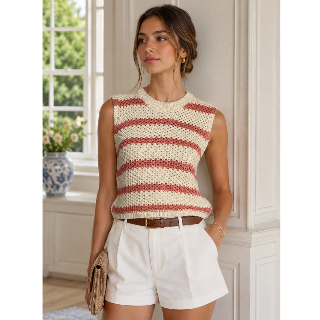 LA MIEL Coastal Open Knit Sweater Vest in Coral Beige Stripe