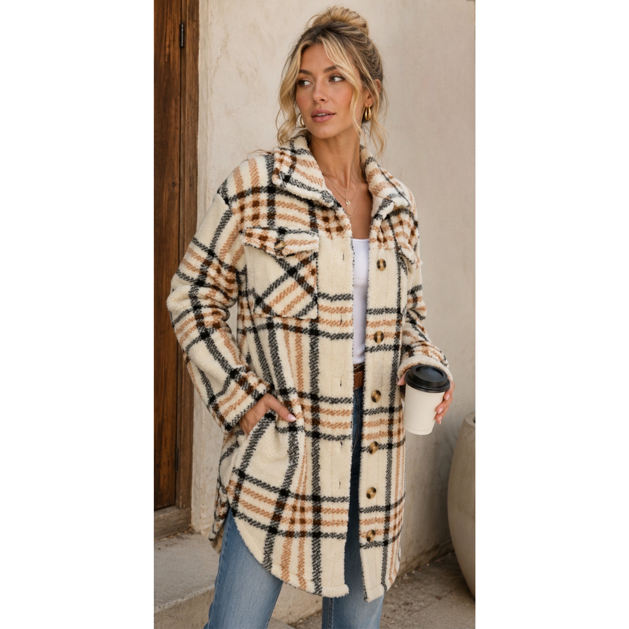 East Coast Sherpa Fleece Shacket Beige Black Plaid Buttoned