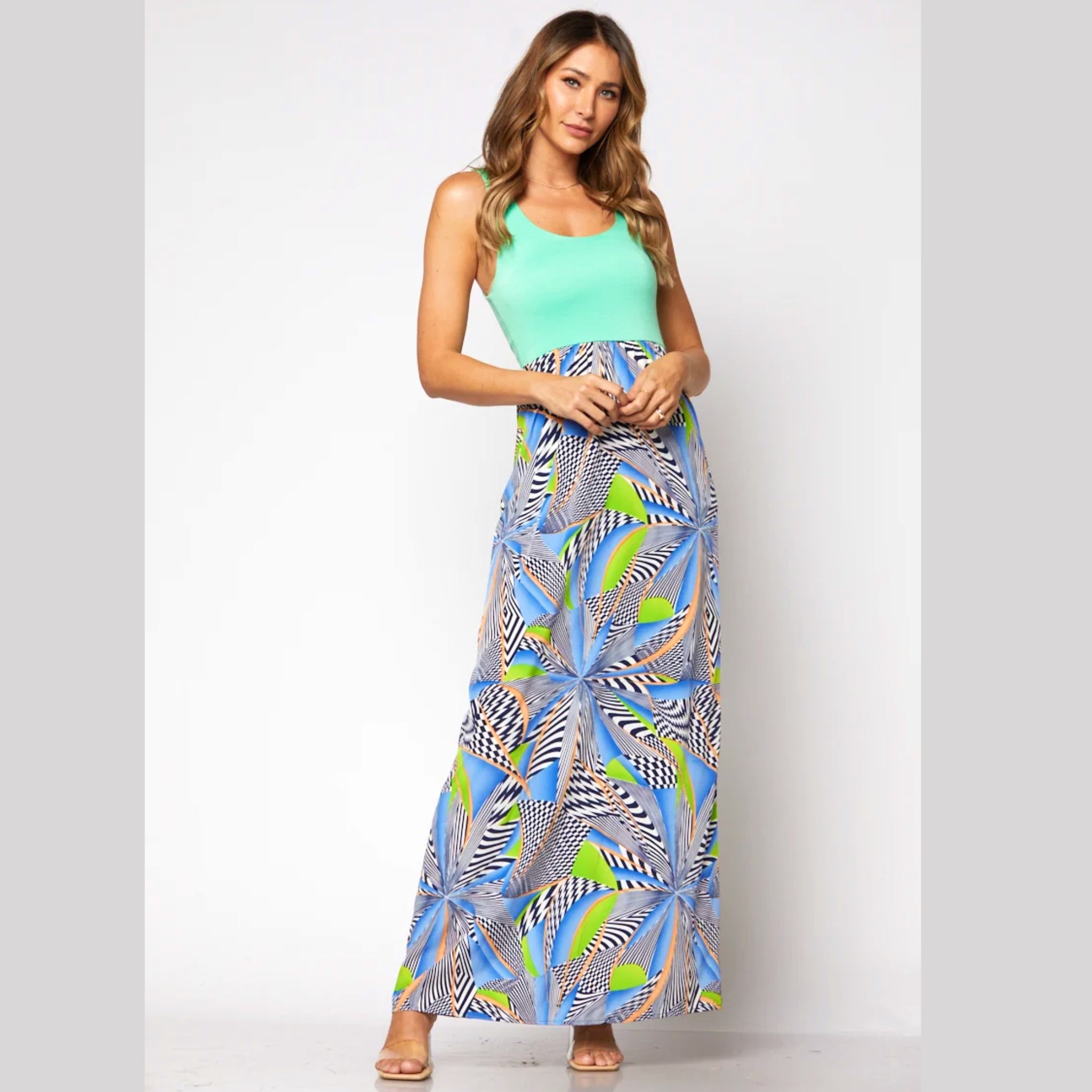 TYCHE Tropical Getaway Color Block Sleeveless Maxi Dress in Mint