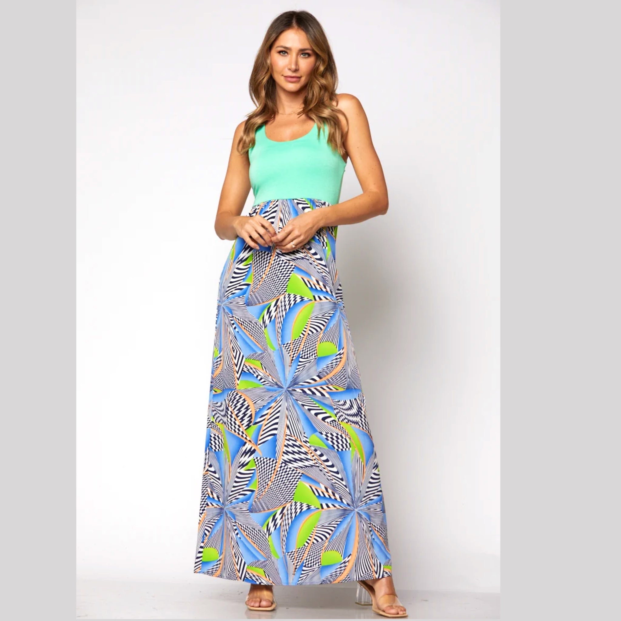 TYCHE Tropical Getaway Color Block Sleeveless Maxi Dress in Mint