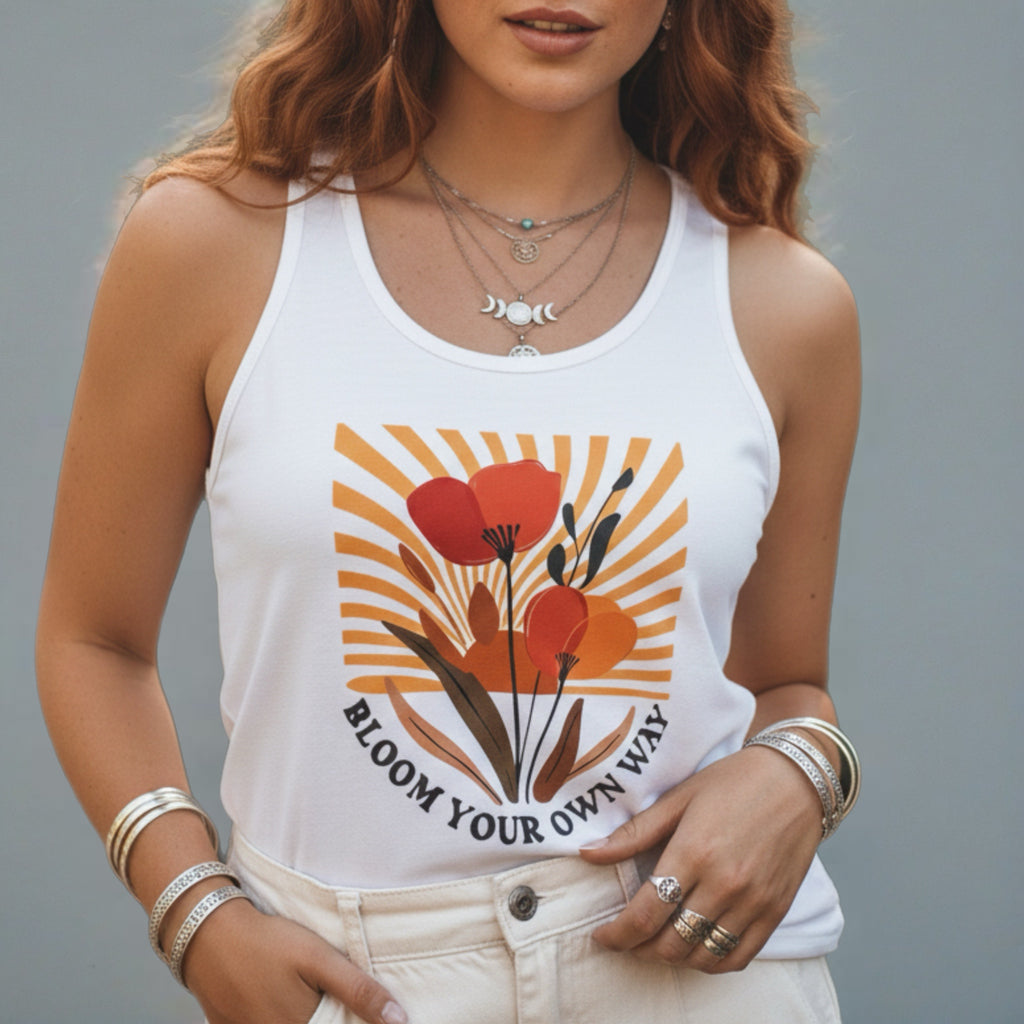 Bloom Your Own Way Lightweight Racer Back Tank Top White Graphic