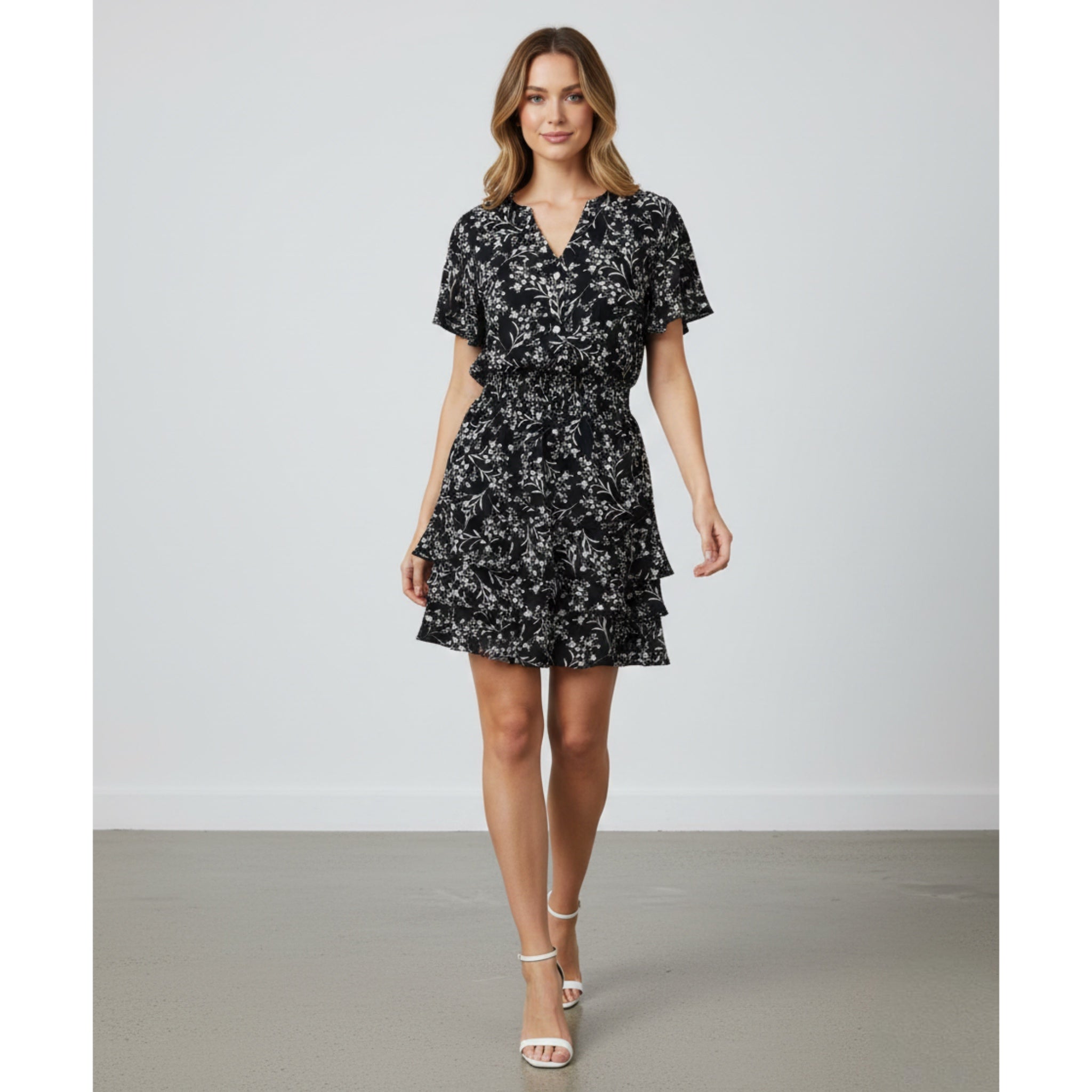 KATE & LILY Navy Floral Ruffle Dress Women’s Short Sleeve Button Front